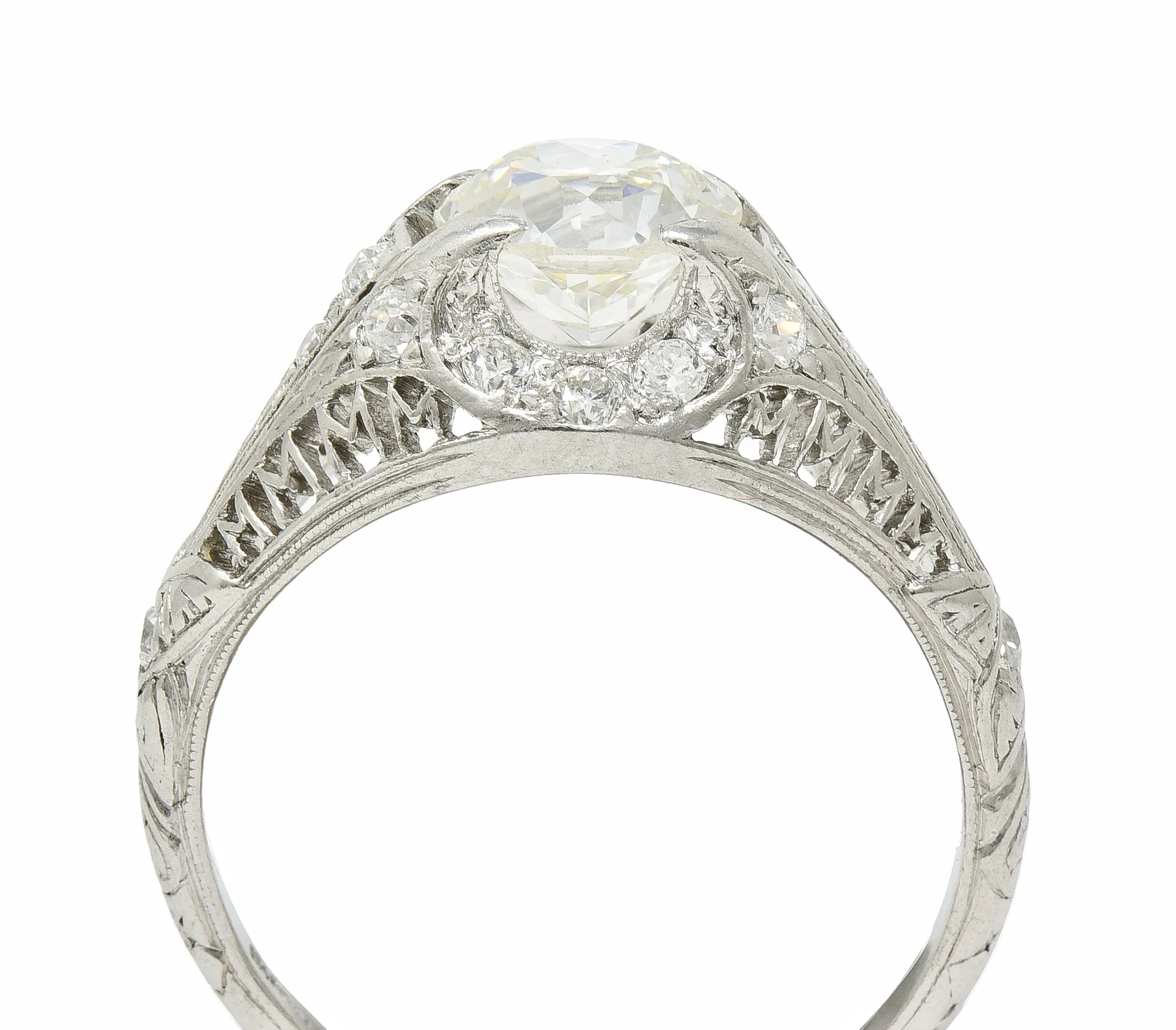 Art Deco 1.38 CTW Old European Diamond Platinum Crescent Cluster Vintage Engagement Ring