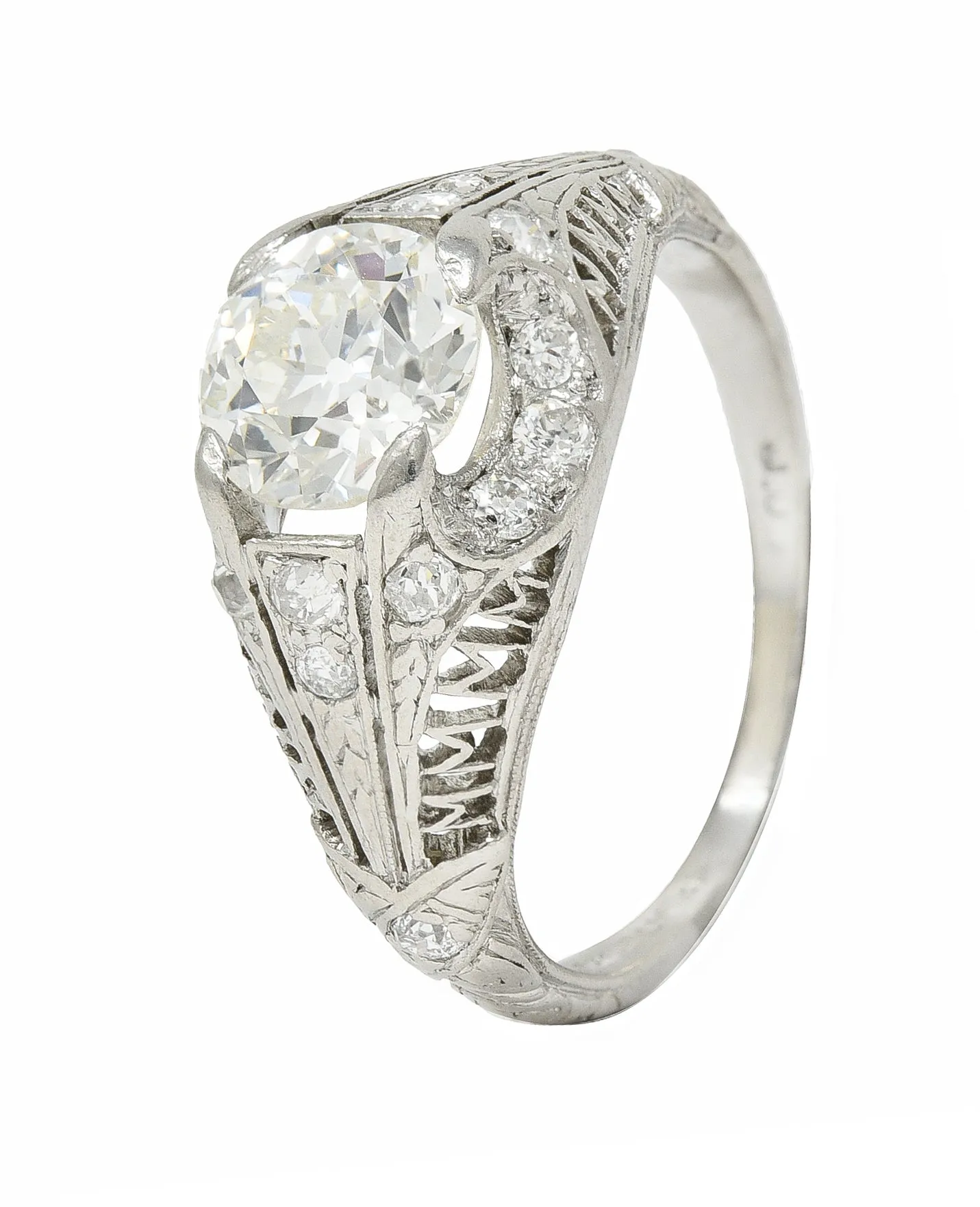 Art Deco 1.38 CTW Old European Diamond Platinum Crescent Cluster Vintage Engagement Ring