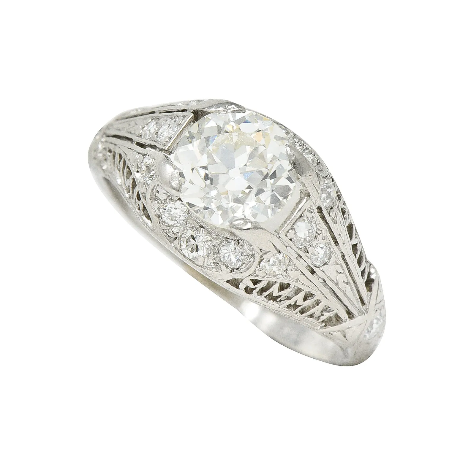 Art Deco 1.38 CTW Old European Diamond Platinum Crescent Cluster Vintage Engagement Ring