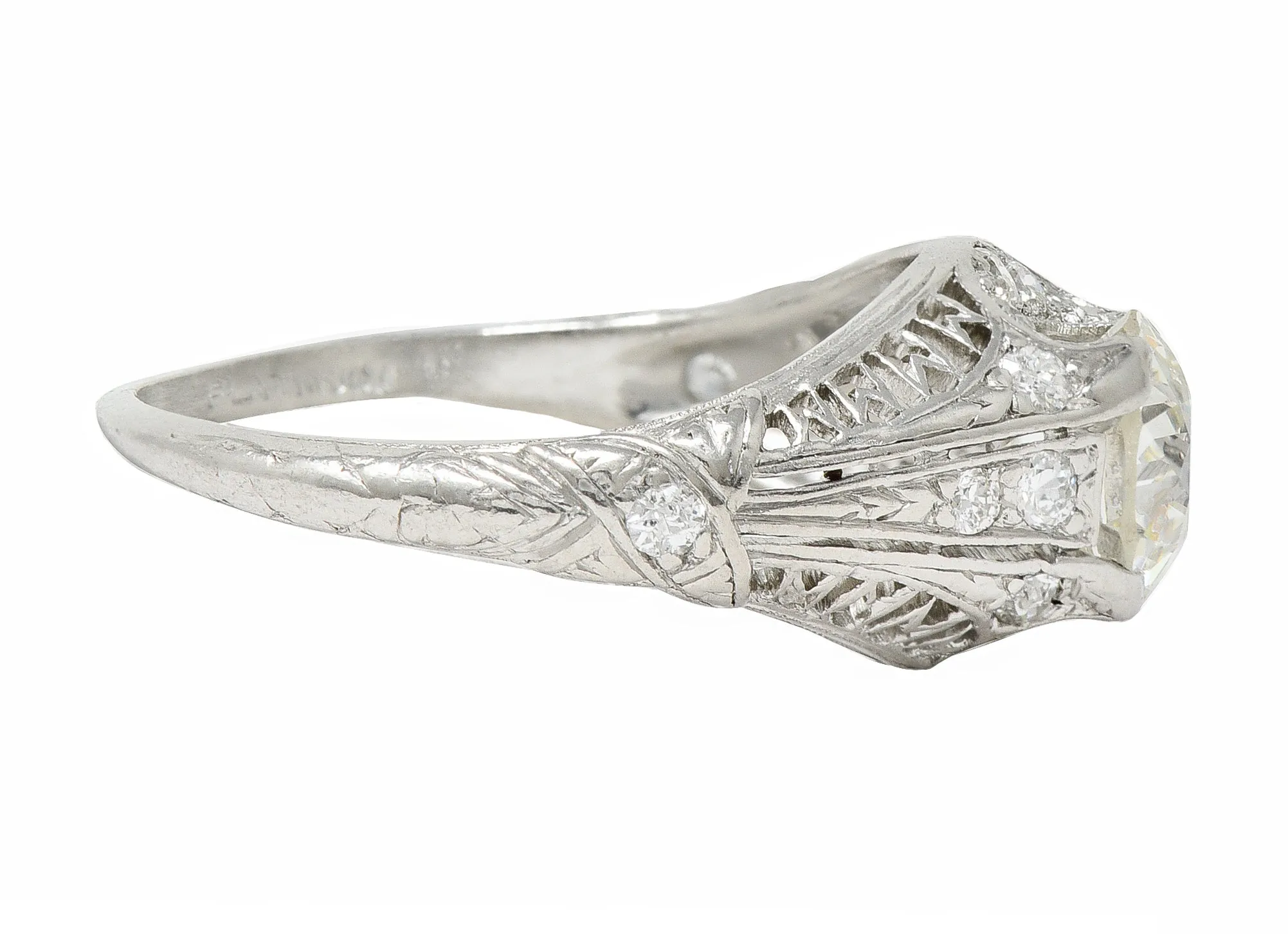 Art Deco 1.38 CTW Old European Diamond Platinum Crescent Cluster Vintage Engagement Ring