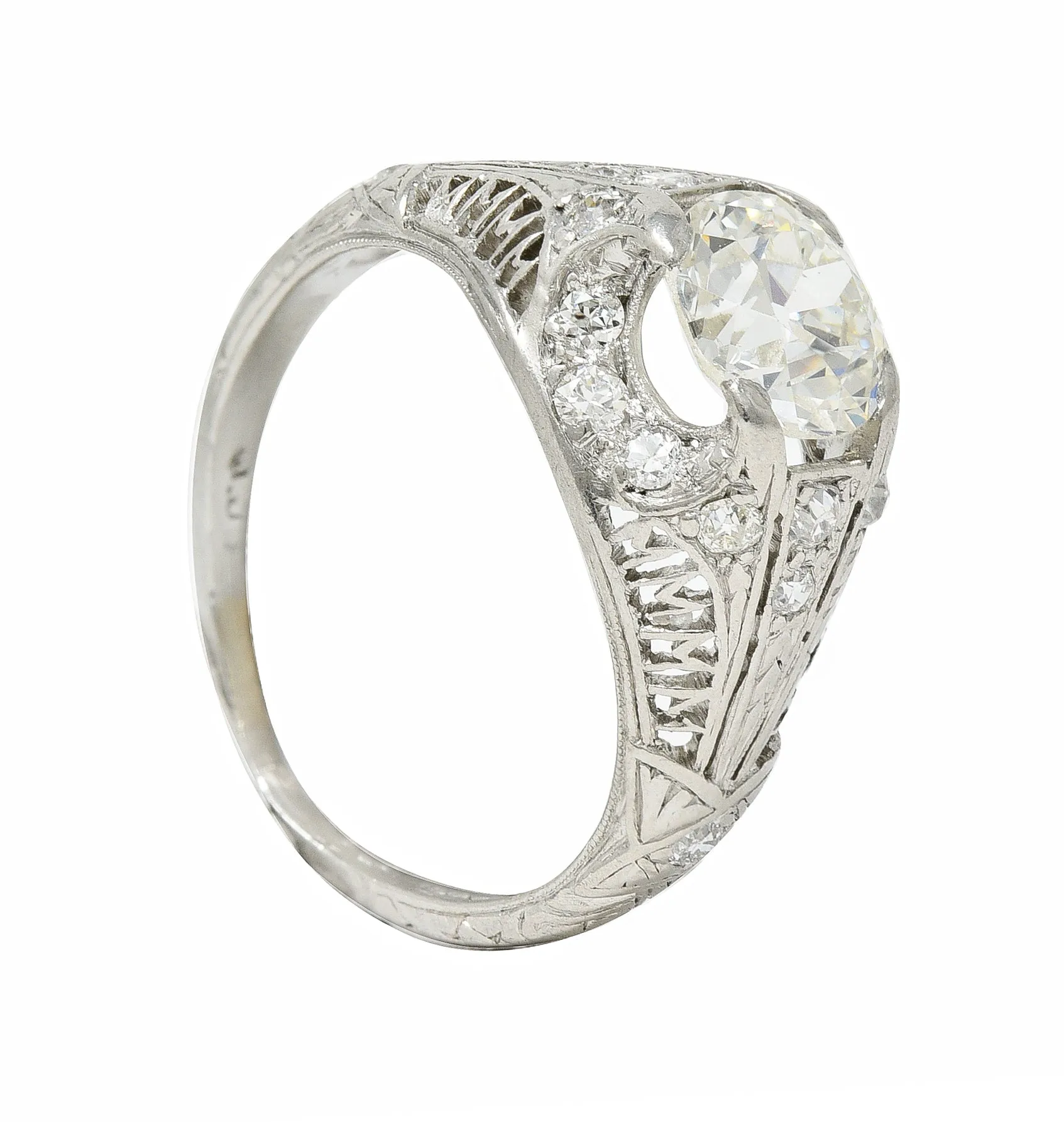 Art Deco 1.38 CTW Old European Diamond Platinum Crescent Cluster Vintage Engagement Ring