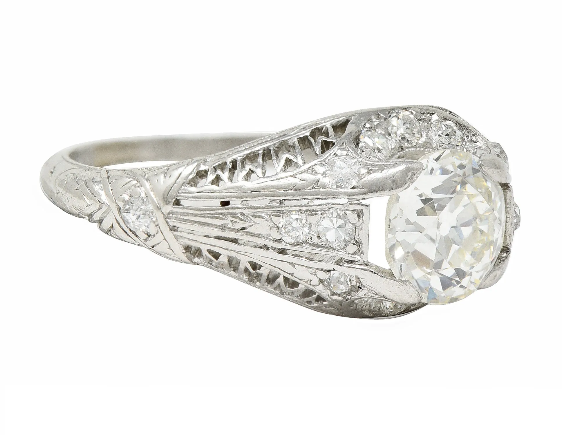 Art Deco 1.38 CTW Old European Diamond Platinum Crescent Cluster Vintage Engagement Ring