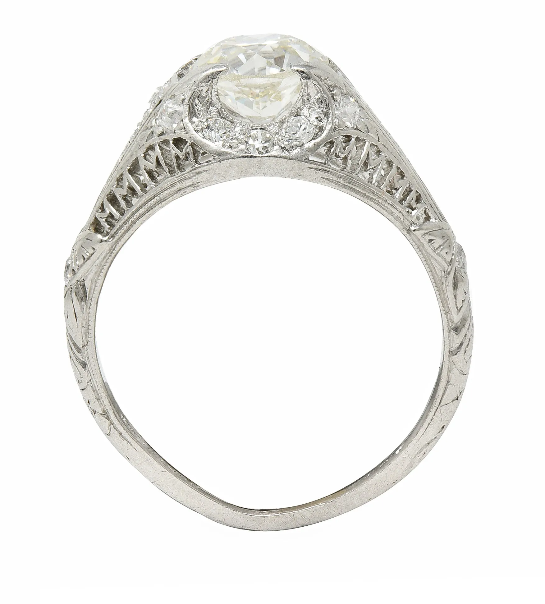 Art Deco 1.38 CTW Old European Diamond Platinum Crescent Cluster Vintage Engagement Ring