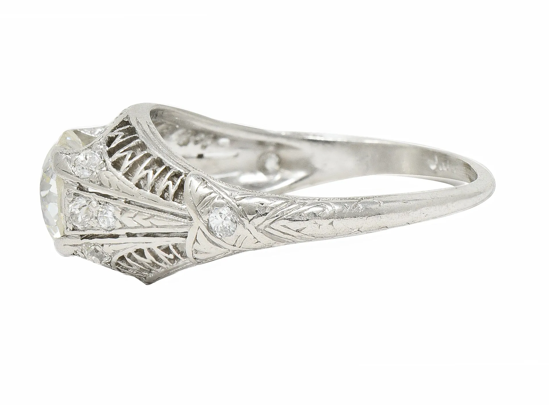 Art Deco 1.38 CTW Old European Diamond Platinum Crescent Cluster Vintage Engagement Ring