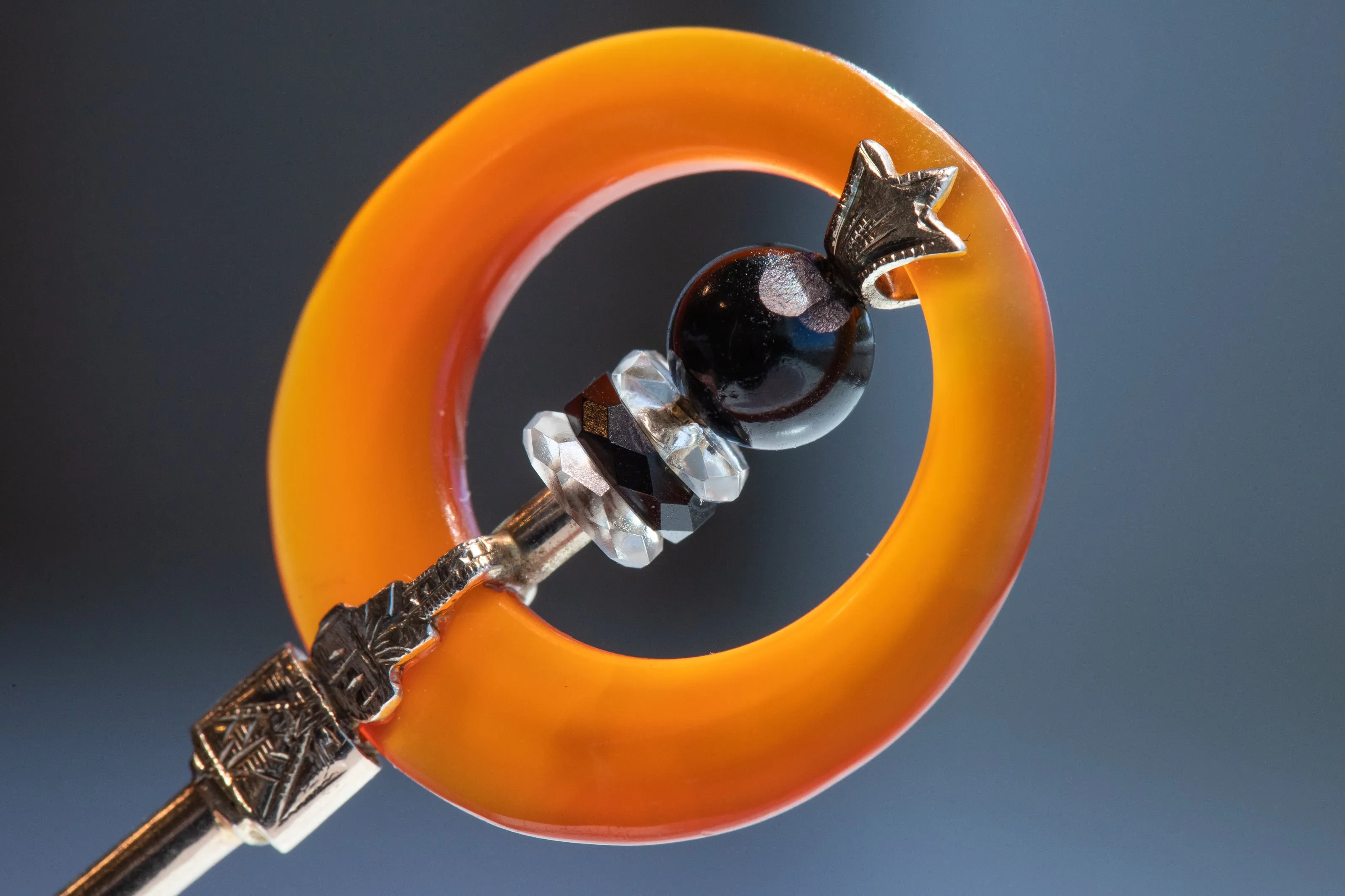Art Deco 14k 14.72 CTW Hand Carved Carnelian, Rock Crystal & Black Nephrite Jabot Pin with Engraved Two Tone Gold