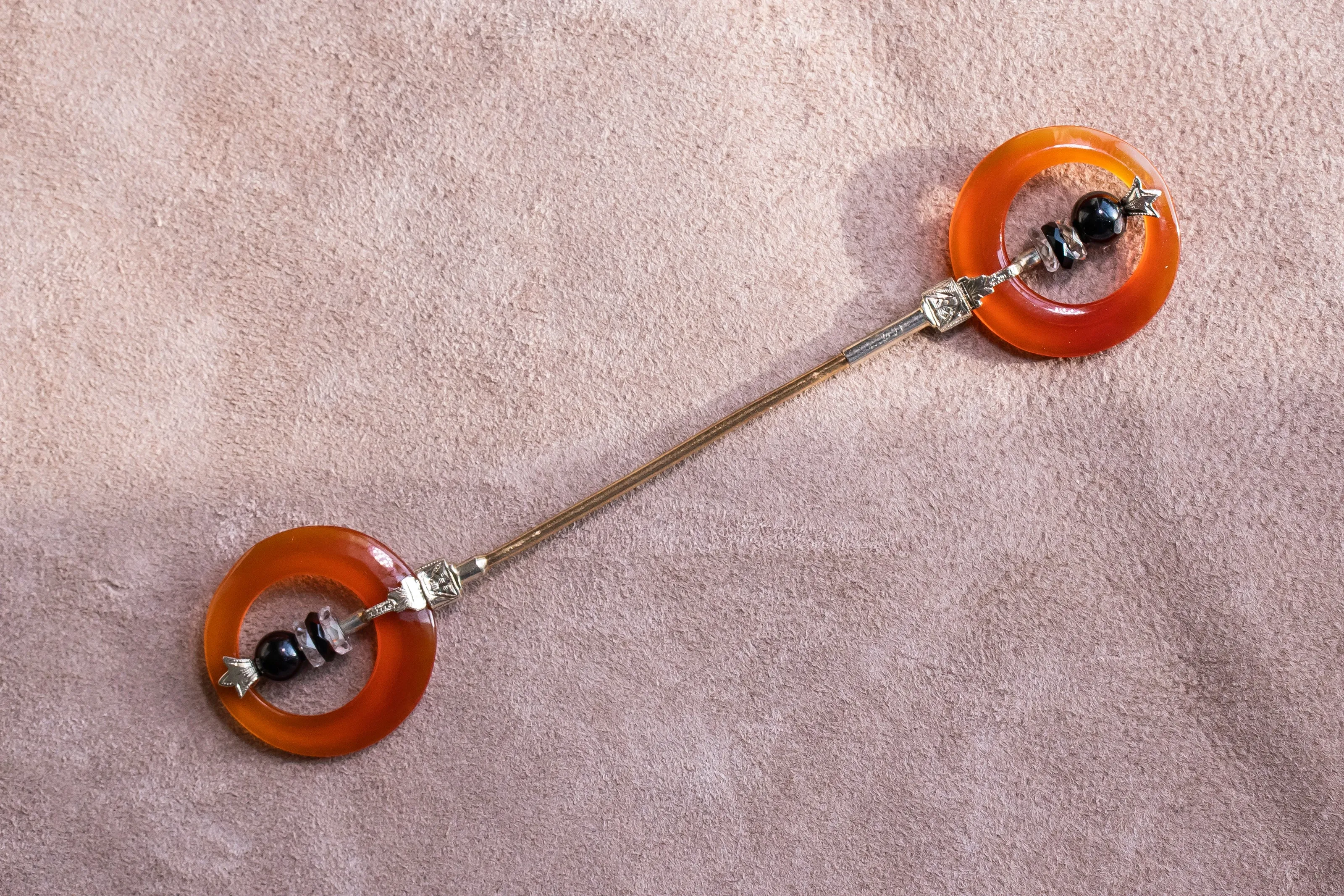 Art Deco 14k 14.72 CTW Hand Carved Carnelian, Rock Crystal & Black Nephrite Jabot Pin with Engraved Two Tone Gold