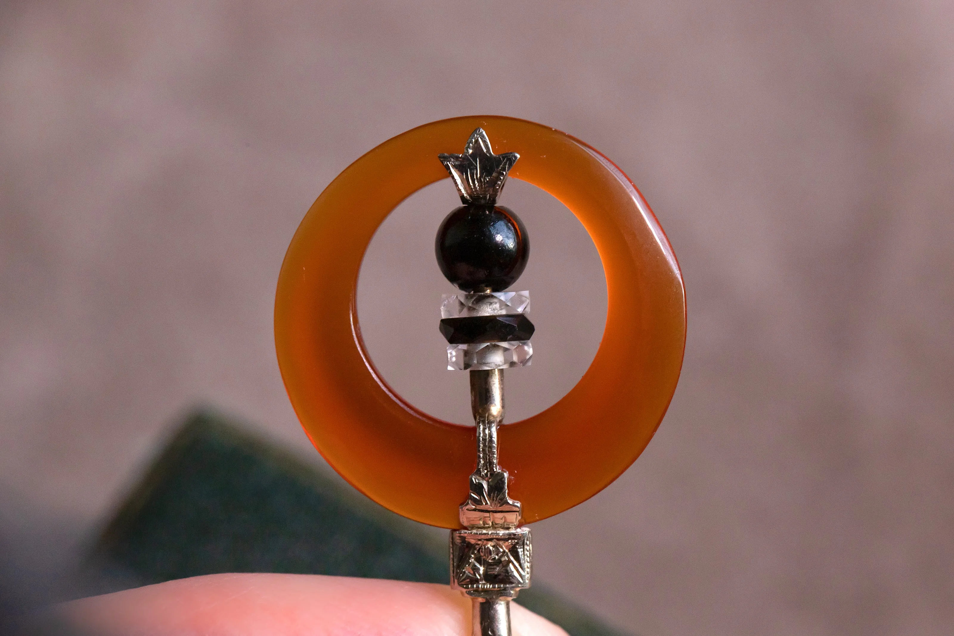 Art Deco 14k 14.72 CTW Hand Carved Carnelian, Rock Crystal & Black Nephrite Jabot Pin with Engraved Two Tone Gold