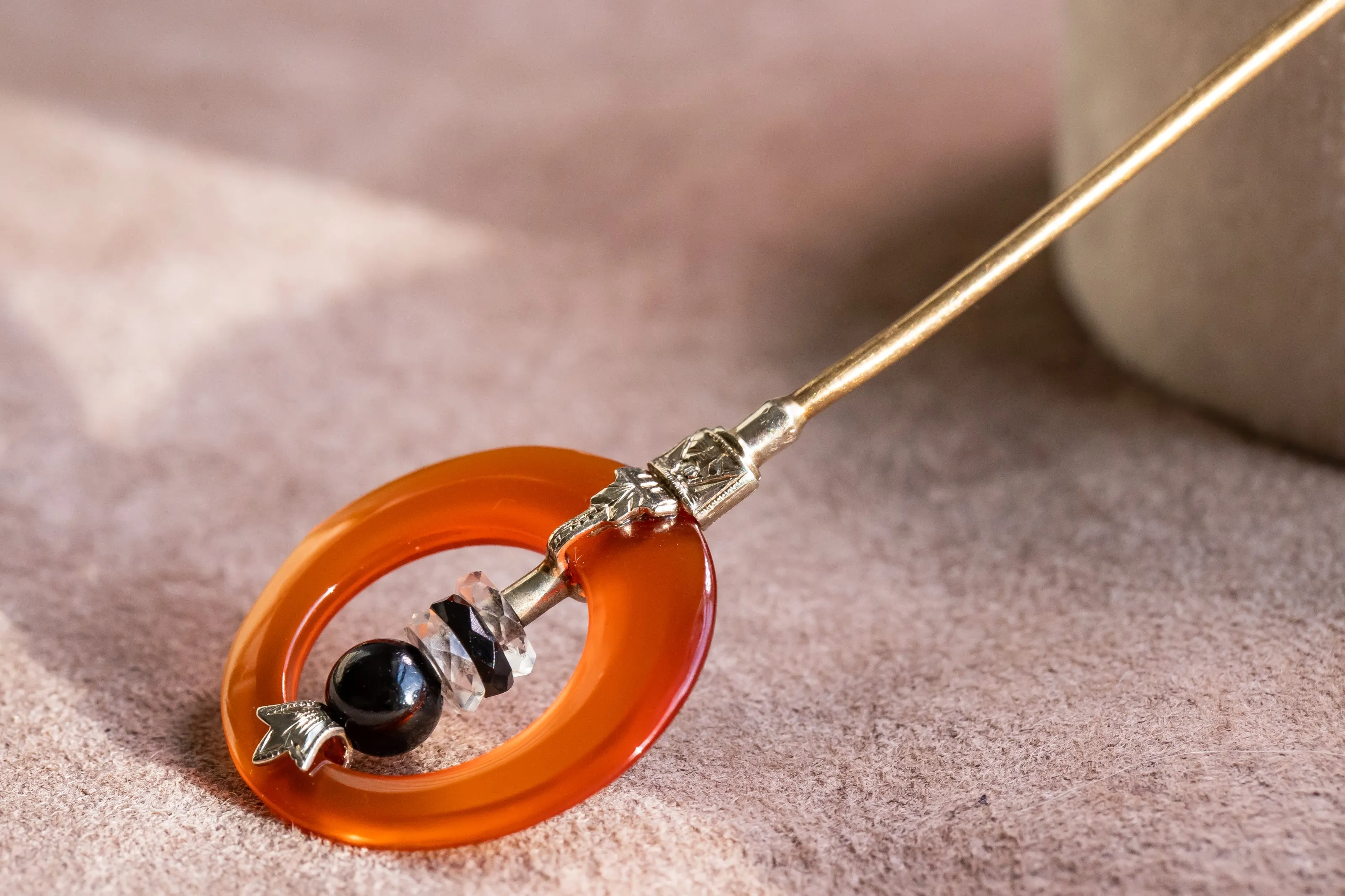 Art Deco 14k 14.72 CTW Hand Carved Carnelian, Rock Crystal & Black Nephrite Jabot Pin with Engraved Two Tone Gold