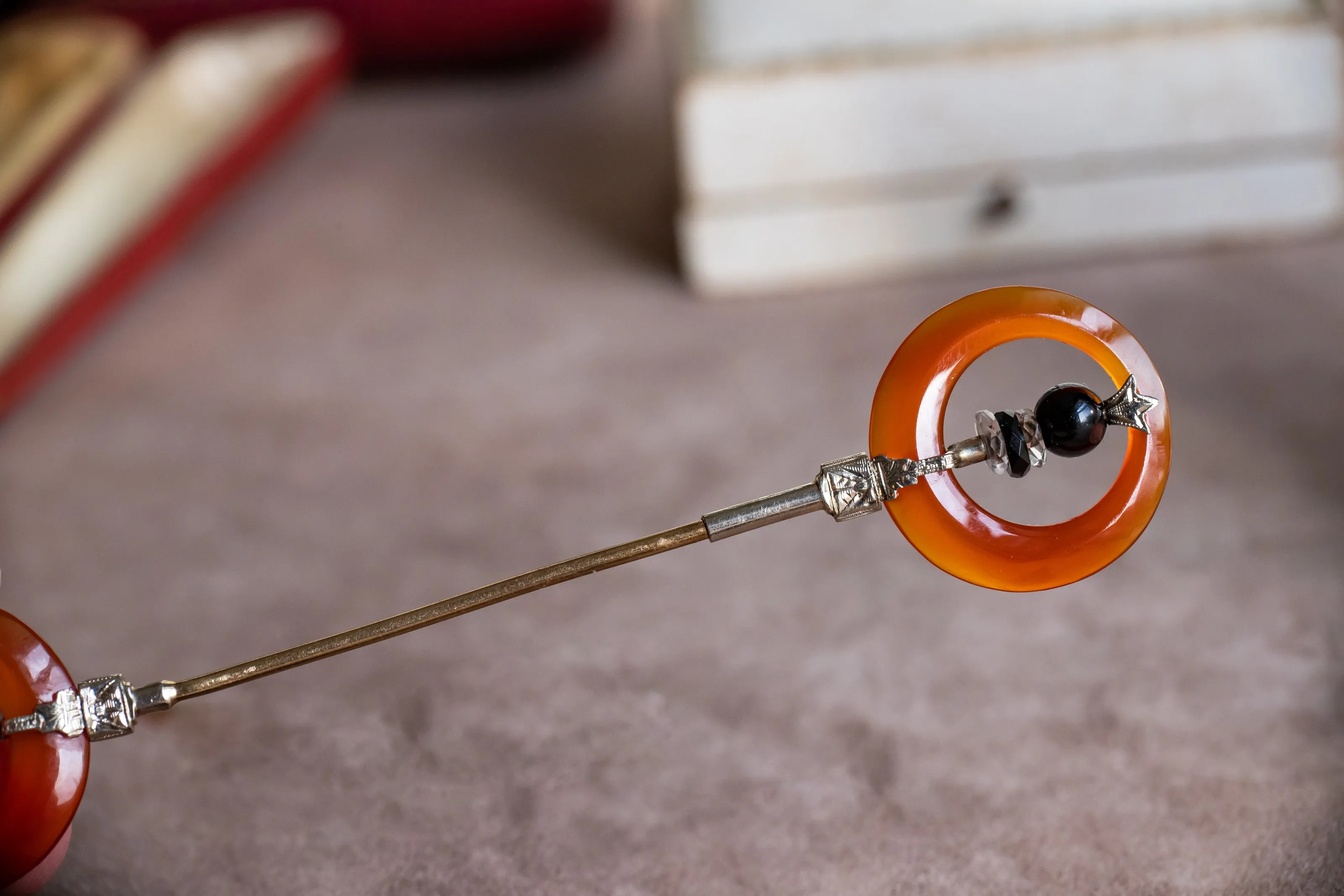 Art Deco 14k 14.72 CTW Hand Carved Carnelian, Rock Crystal & Black Nephrite Jabot Pin with Engraved Two Tone Gold