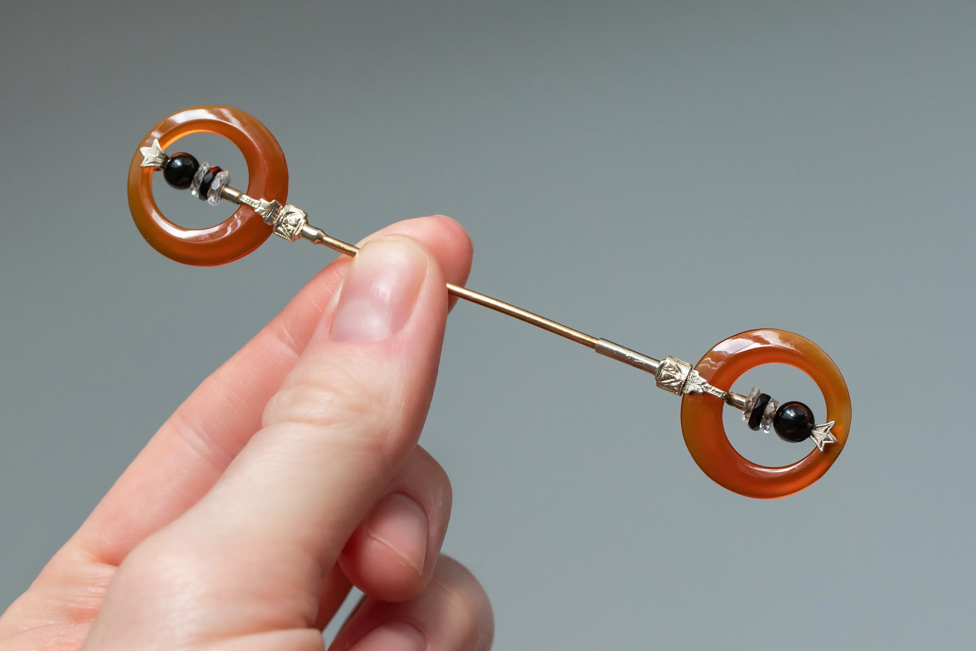Art Deco 14k 14.72 CTW Hand Carved Carnelian, Rock Crystal & Black Nephrite Jabot Pin with Engraved Two Tone Gold