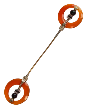 Art Deco 14k 14.72 CTW Hand Carved Carnelian, Rock Crystal & Black Nephrite Jabot Pin with Engraved Two Tone Gold