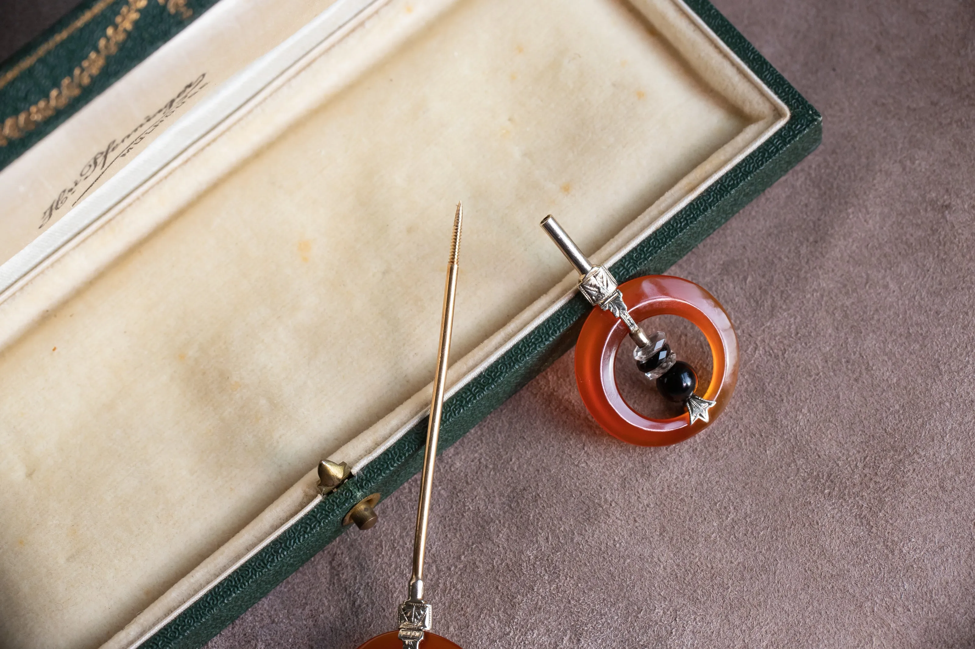 Art Deco 14k 14.72 CTW Hand Carved Carnelian, Rock Crystal & Black Nephrite Jabot Pin with Engraved Two Tone Gold
