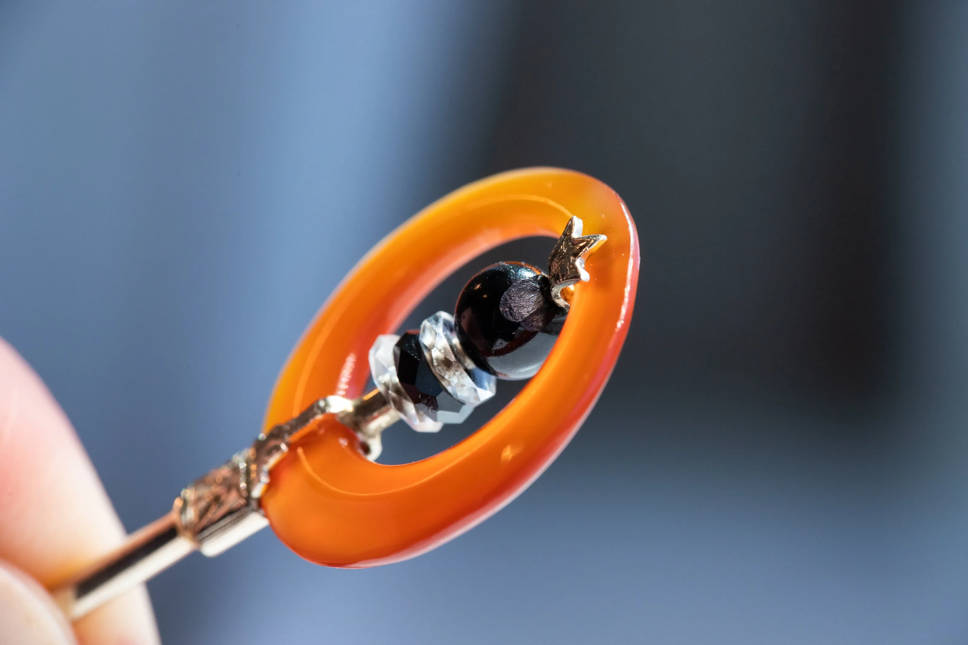Art Deco 14k 14.72 CTW Hand Carved Carnelian, Rock Crystal & Black Nephrite Jabot Pin with Engraved Two Tone Gold