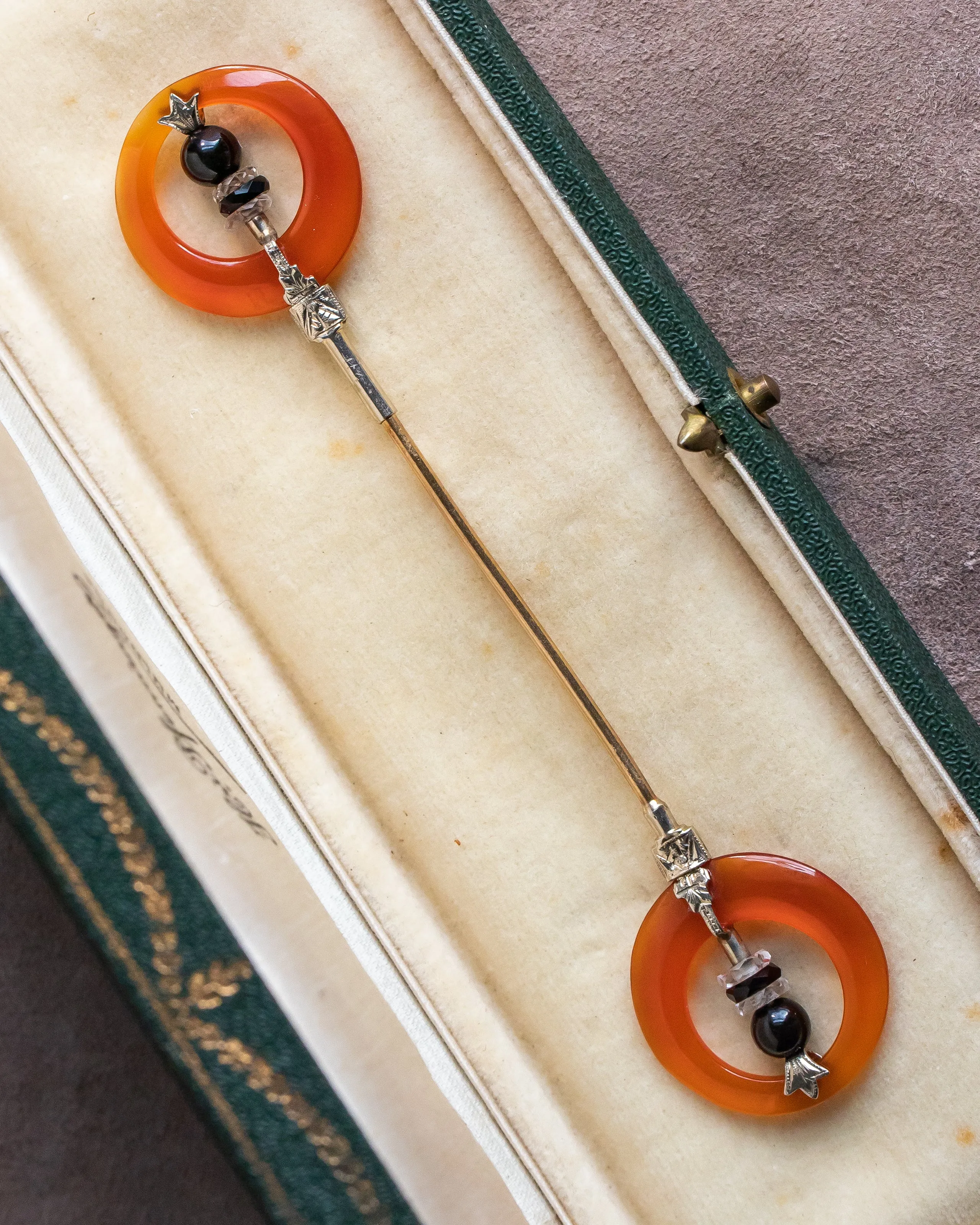 Art Deco 14k 14.72 CTW Hand Carved Carnelian, Rock Crystal & Black Nephrite Jabot Pin with Engraved Two Tone Gold