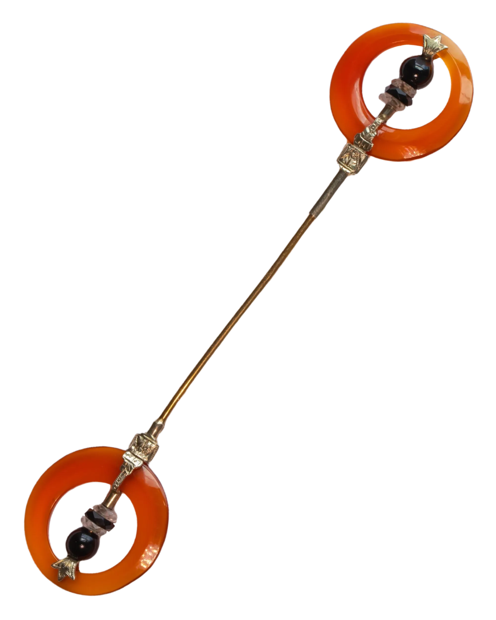 Art Deco 14k 14.72 CTW Hand Carved Carnelian, Rock Crystal & Black Nephrite Jabot Pin with Engraved Two Tone Gold