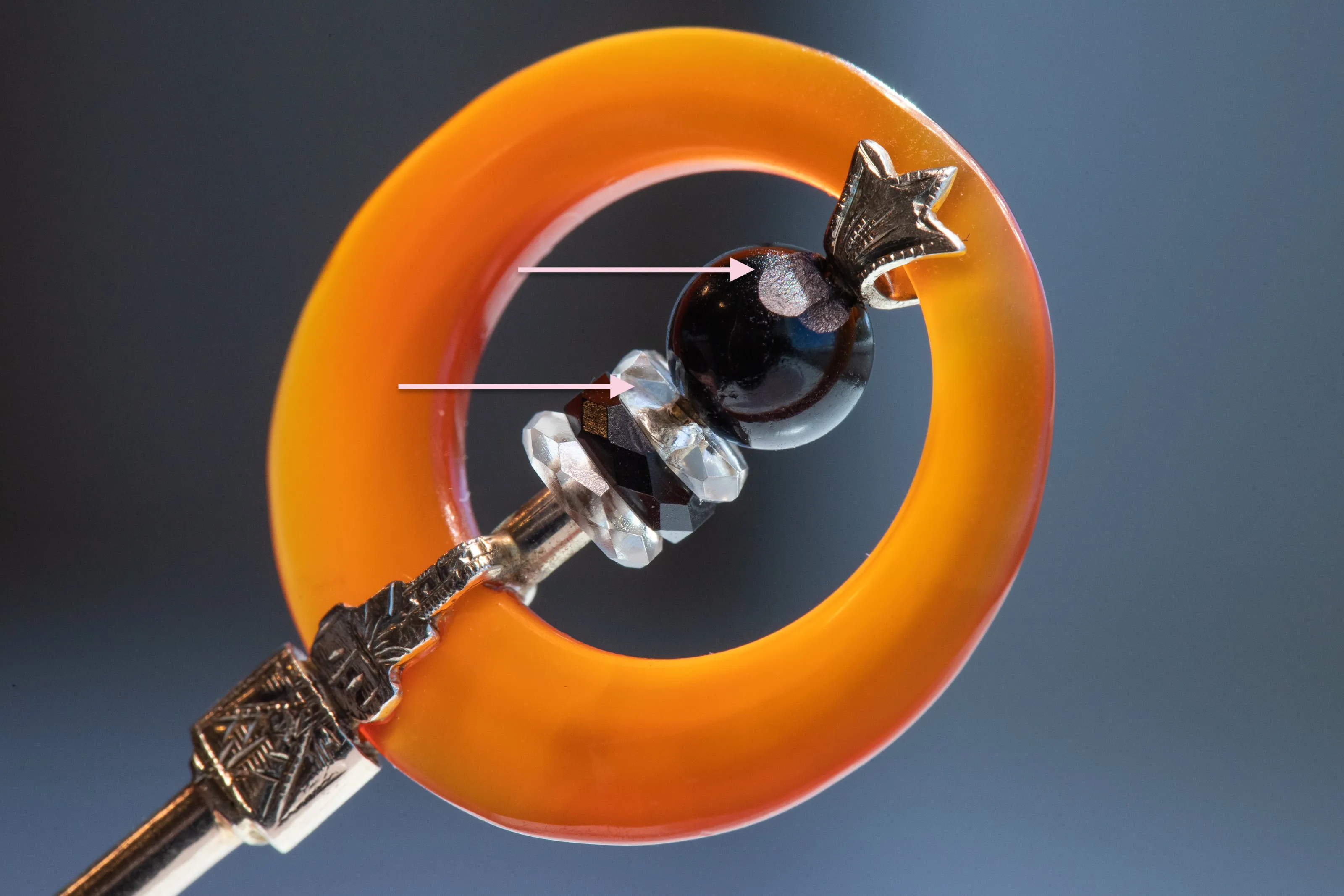 Art Deco 14k 14.72 CTW Hand Carved Carnelian, Rock Crystal & Black Nephrite Jabot Pin with Engraved Two Tone Gold