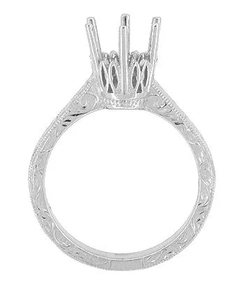 Art Deco 1.50 - 1.75 Carat Crown Filigree Scrolls Engagement Ring Setting in White Gold (14K or 18K)- Round Stone Mounting