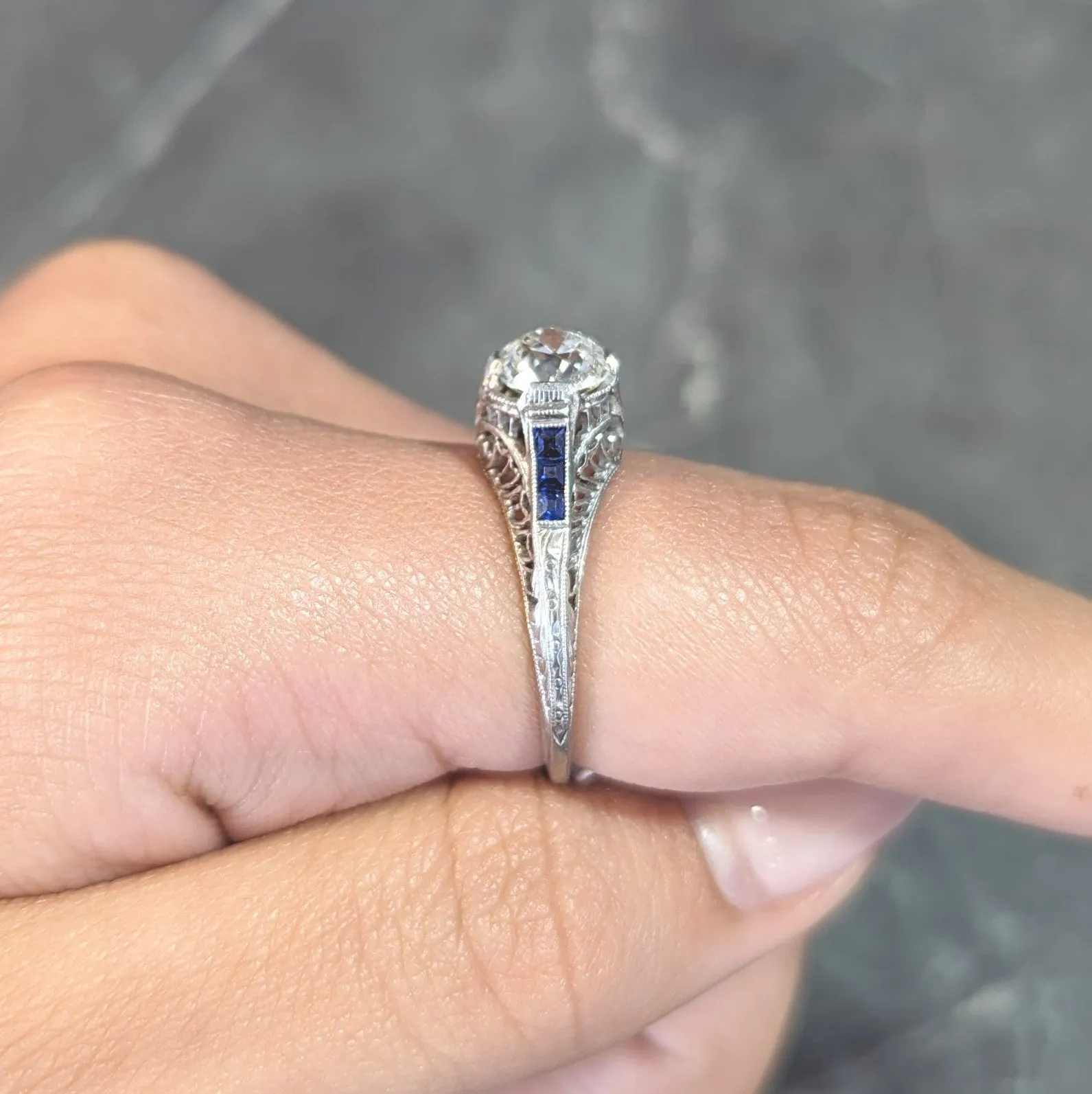 Art Deco 1.52 CTW Old Mine Cut Diamond Sapphire Platinum Vintage Engagement Ring