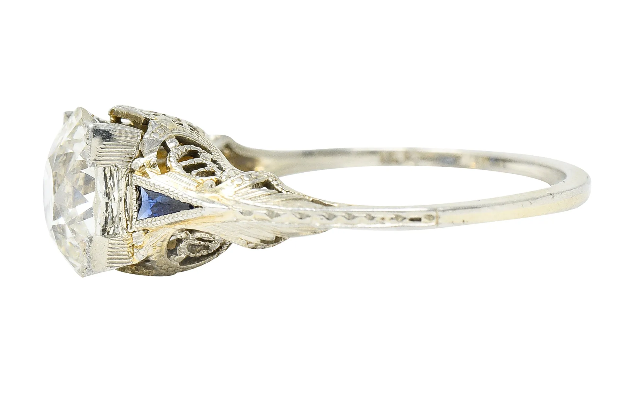Art Deco 1.76 CTW Old European Cut Diamond Sapphire 18 Karat White Gold Filigree Engagement Ring