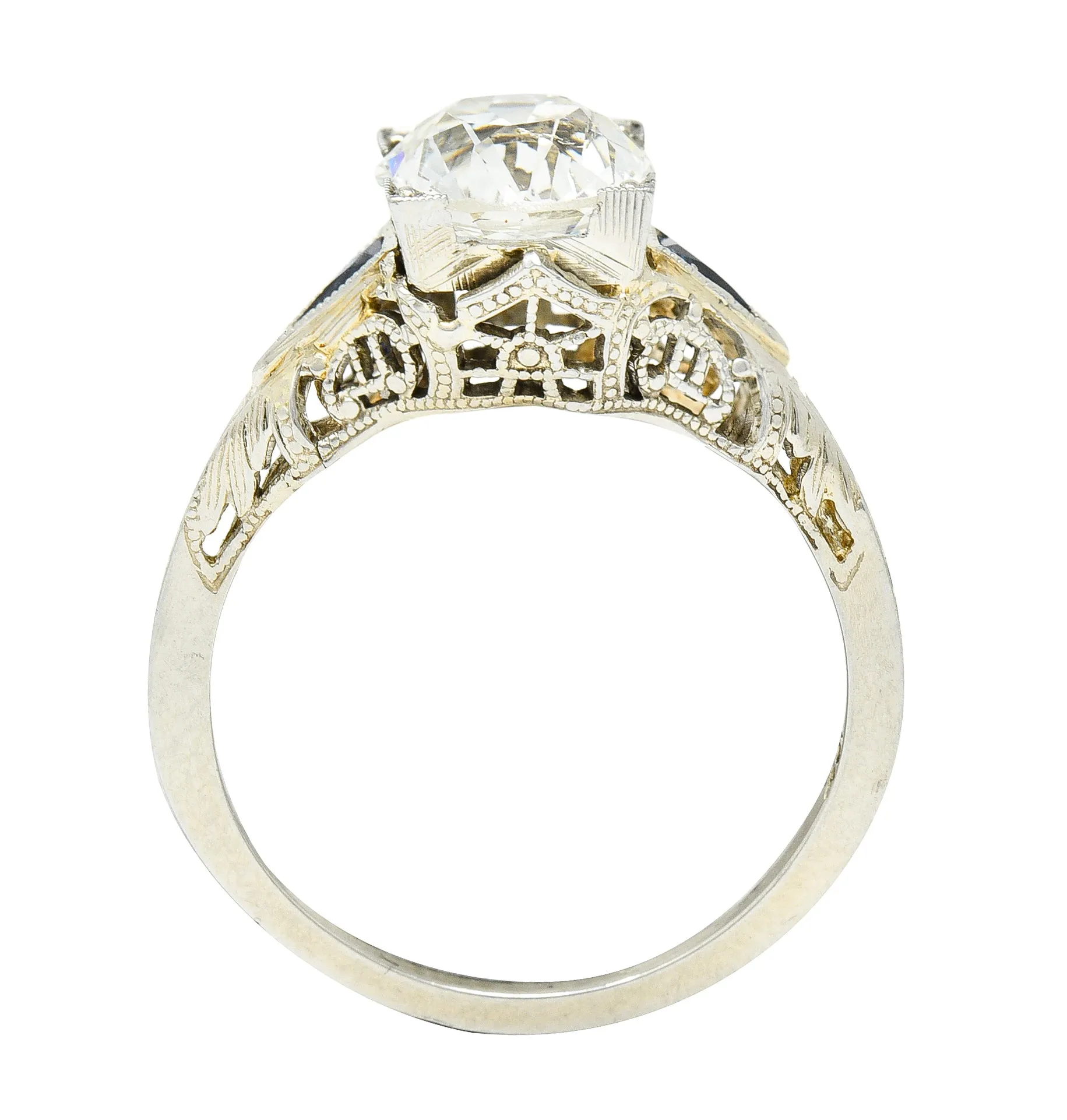 Art Deco 1.76 CTW Old European Cut Diamond Sapphire 18 Karat White Gold Filigree Engagement Ring