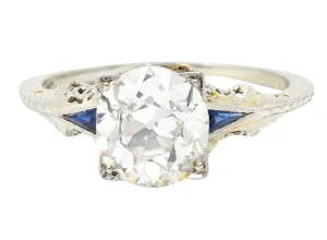 Art Deco 1.76 CTW Old European Cut Diamond Sapphire 18 Karat White Gold Filigree Engagement Ring