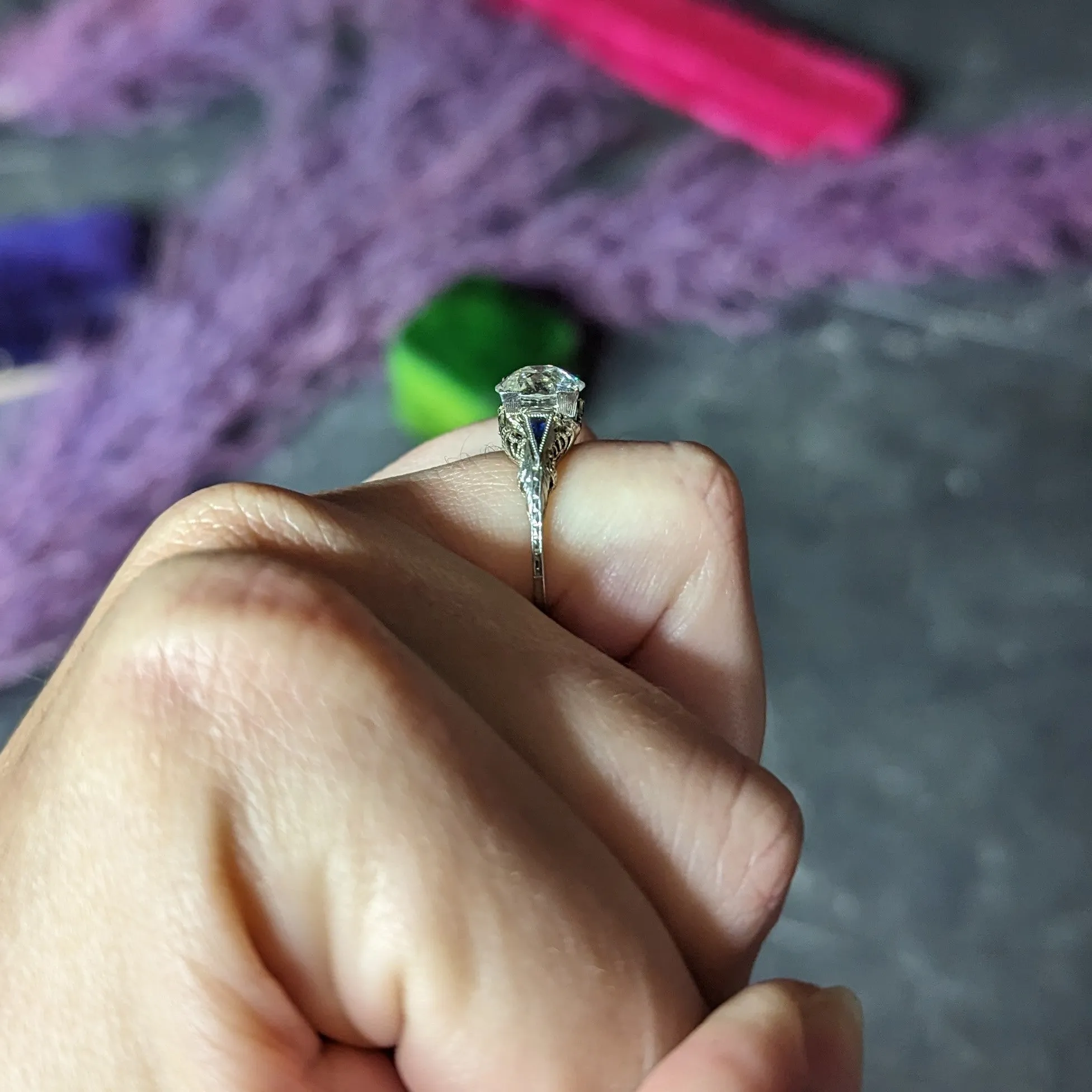 Art Deco 1.76 CTW Old European Cut Diamond Sapphire 18 Karat White Gold Filigree Engagement Ring
