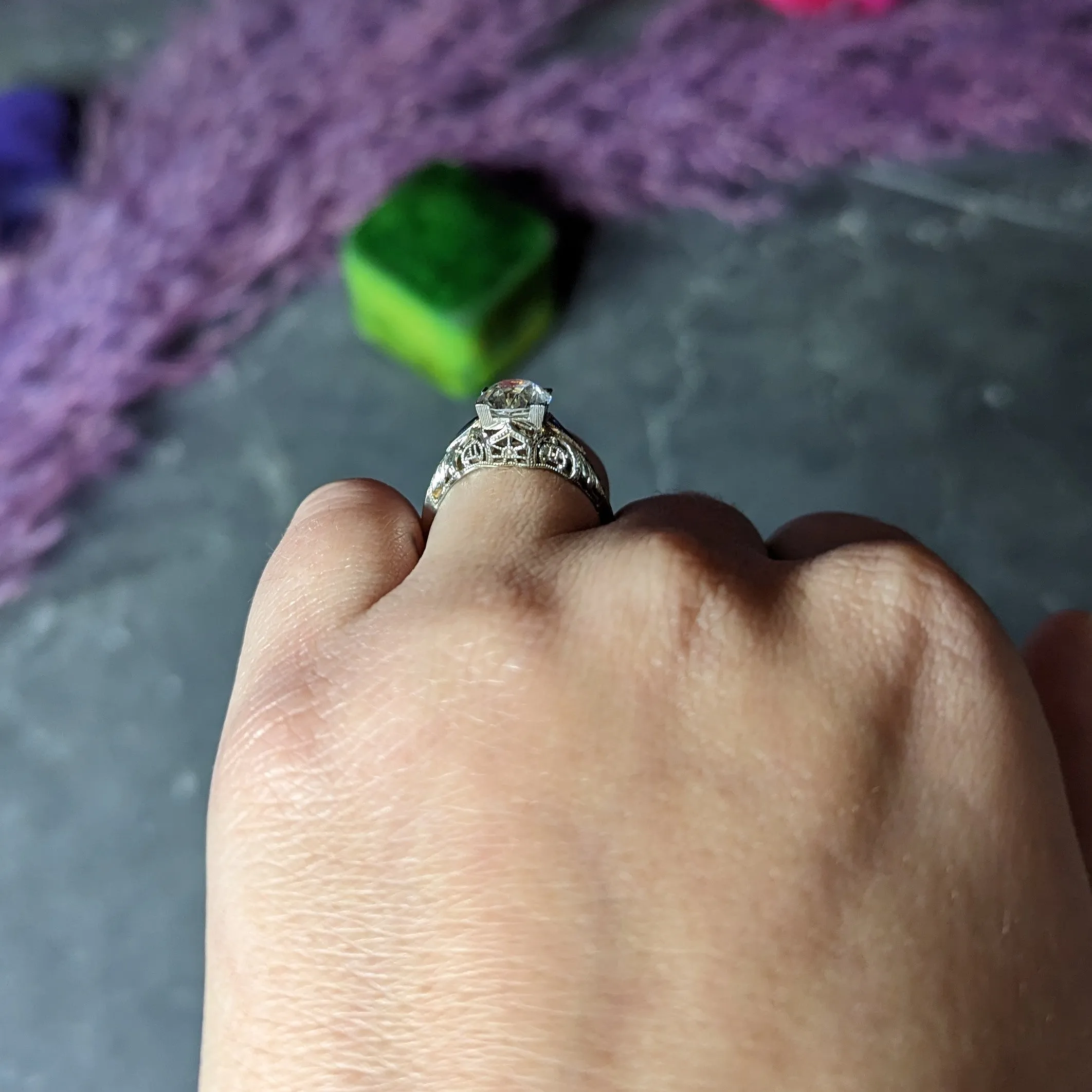 Art Deco 1.76 CTW Old European Cut Diamond Sapphire 18 Karat White Gold Filigree Engagement Ring