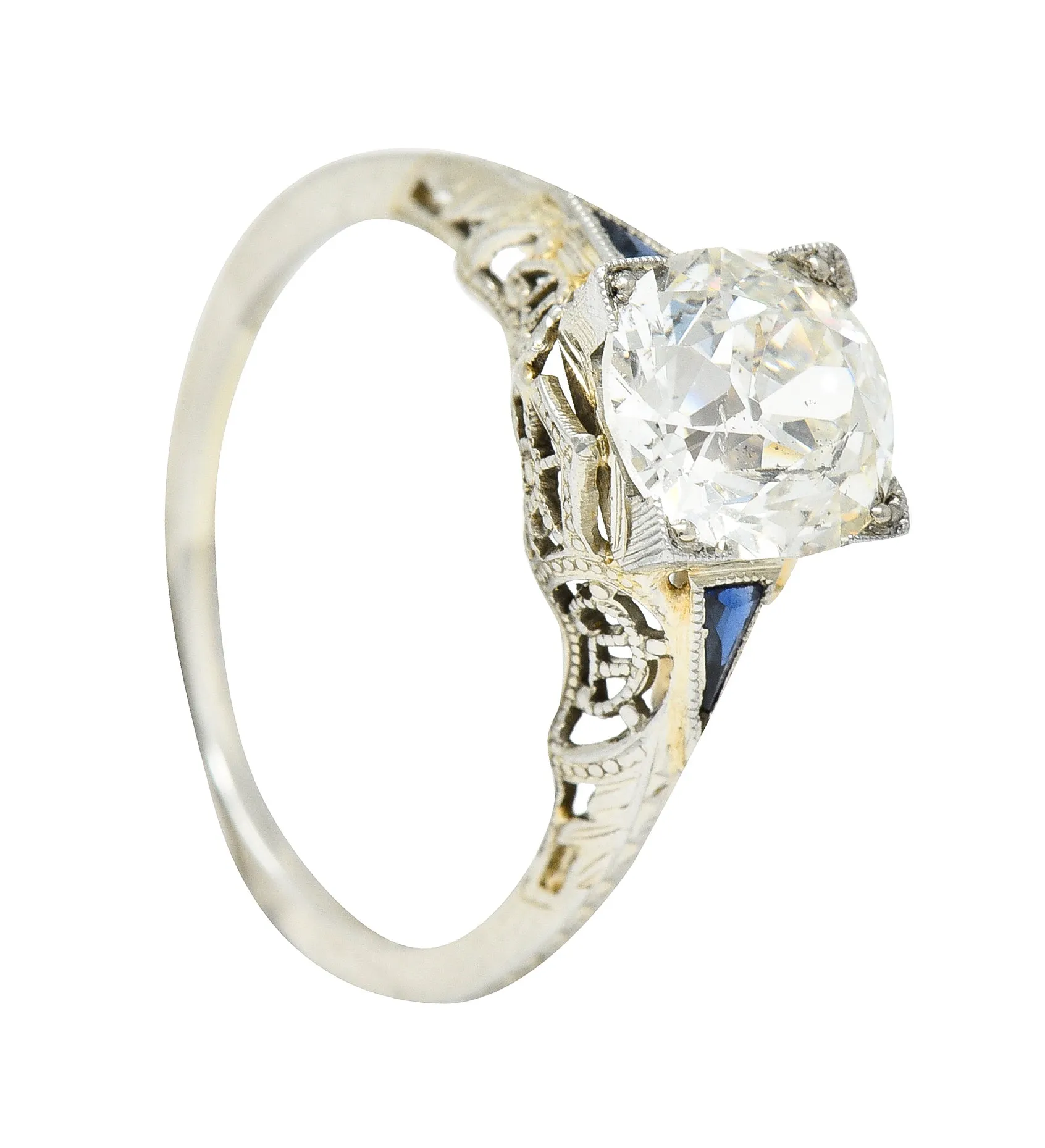 Art Deco 1.76 CTW Old European Cut Diamond Sapphire 18 Karat White Gold Filigree Engagement Ring