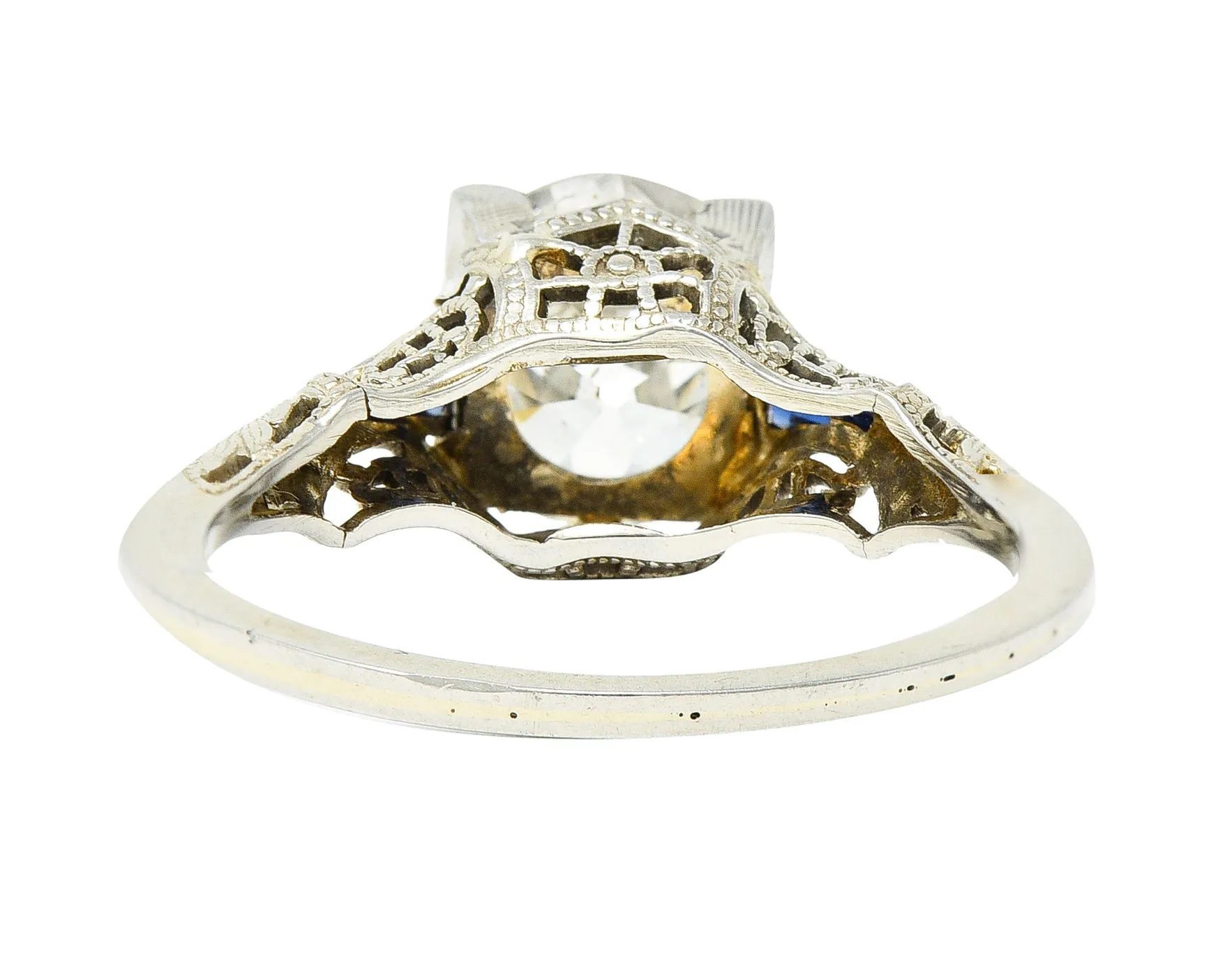 Art Deco 1.76 CTW Old European Cut Diamond Sapphire 18 Karat White Gold Filigree Engagement Ring