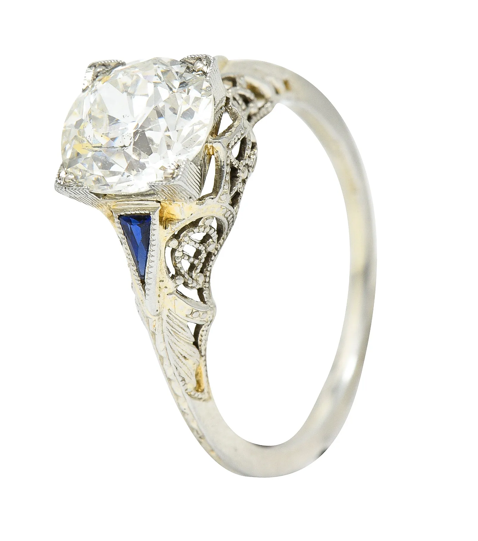 Art Deco 1.76 CTW Old European Cut Diamond Sapphire 18 Karat White Gold Filigree Engagement Ring