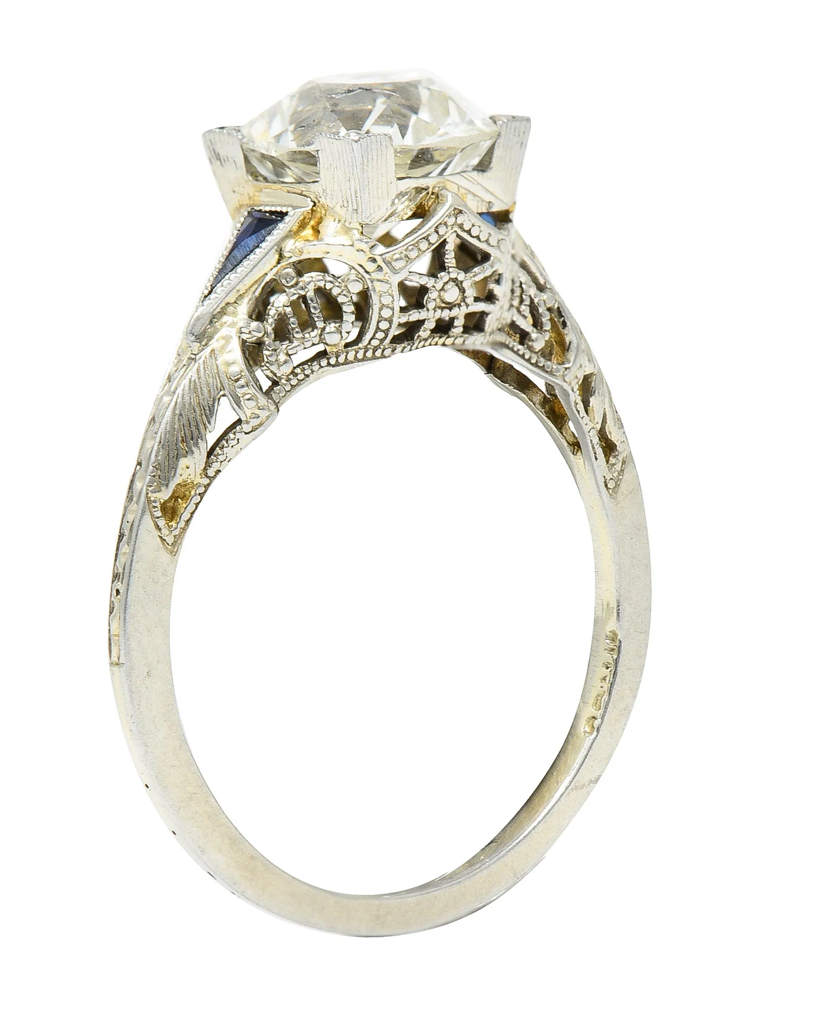Art Deco 1.76 CTW Old European Cut Diamond Sapphire 18 Karat White Gold Filigree Engagement Ring