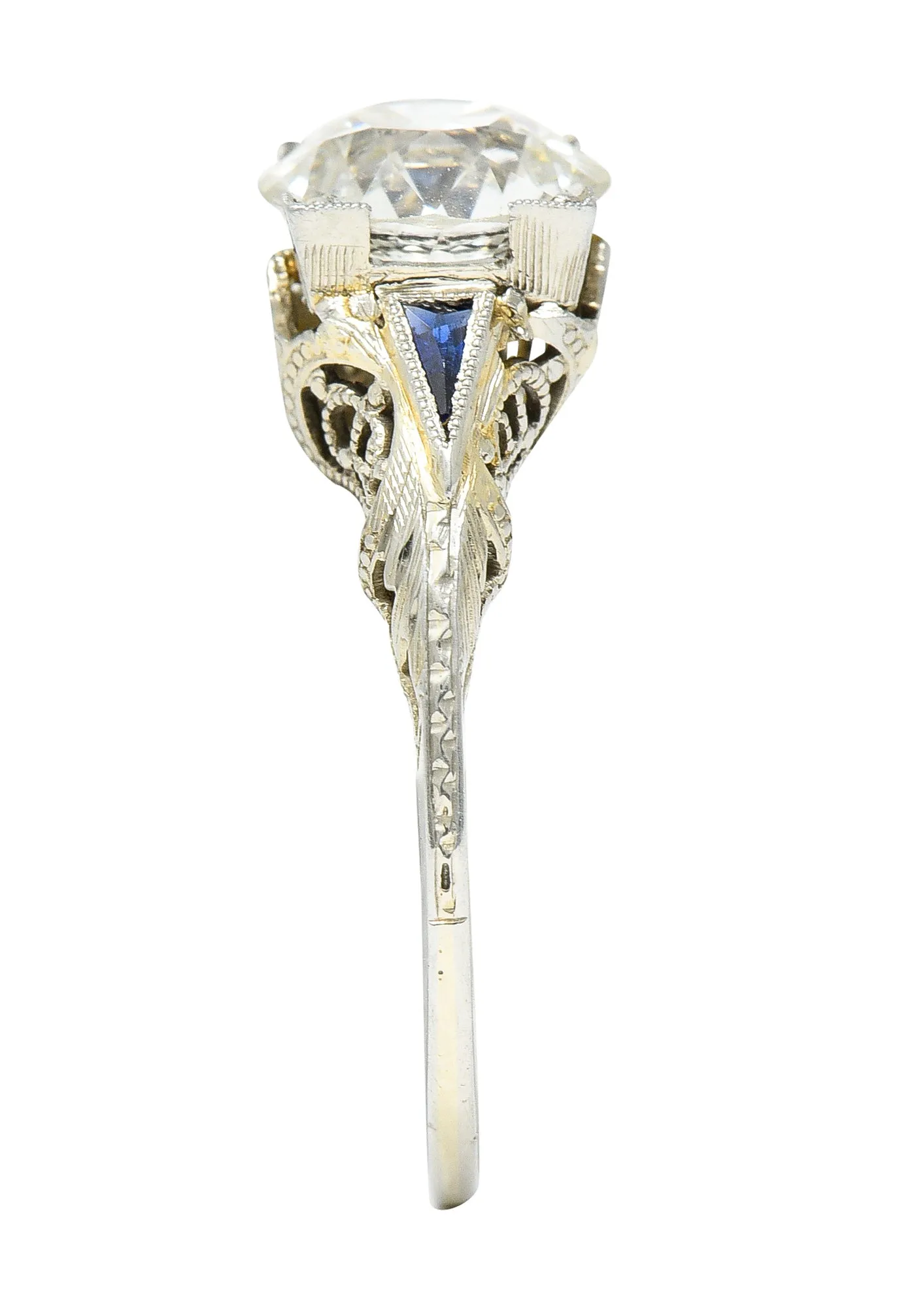 Art Deco 1.76 CTW Old European Cut Diamond Sapphire 18 Karat White Gold Filigree Engagement Ring