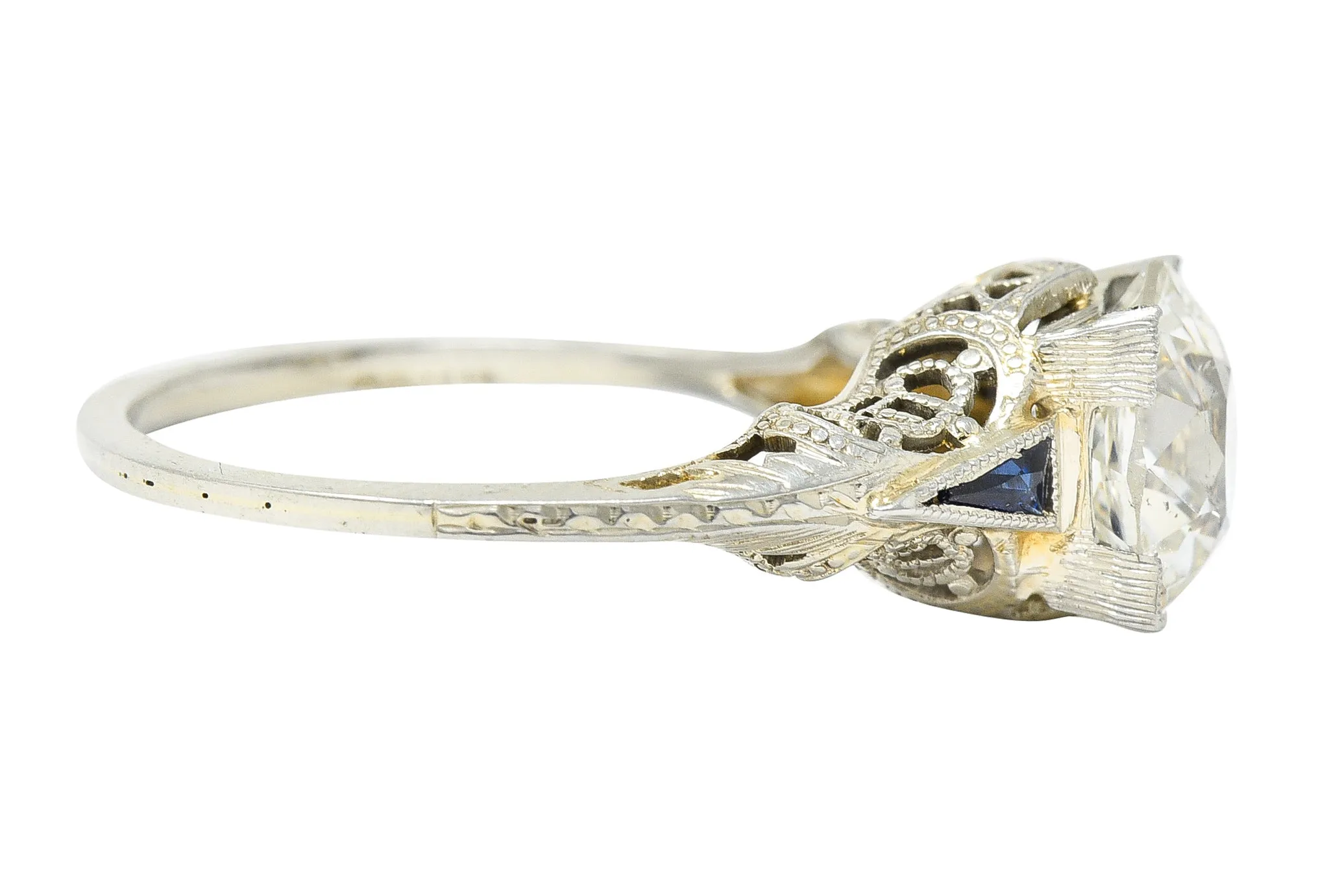 Art Deco 1.76 CTW Old European Cut Diamond Sapphire 18 Karat White Gold Filigree Engagement Ring