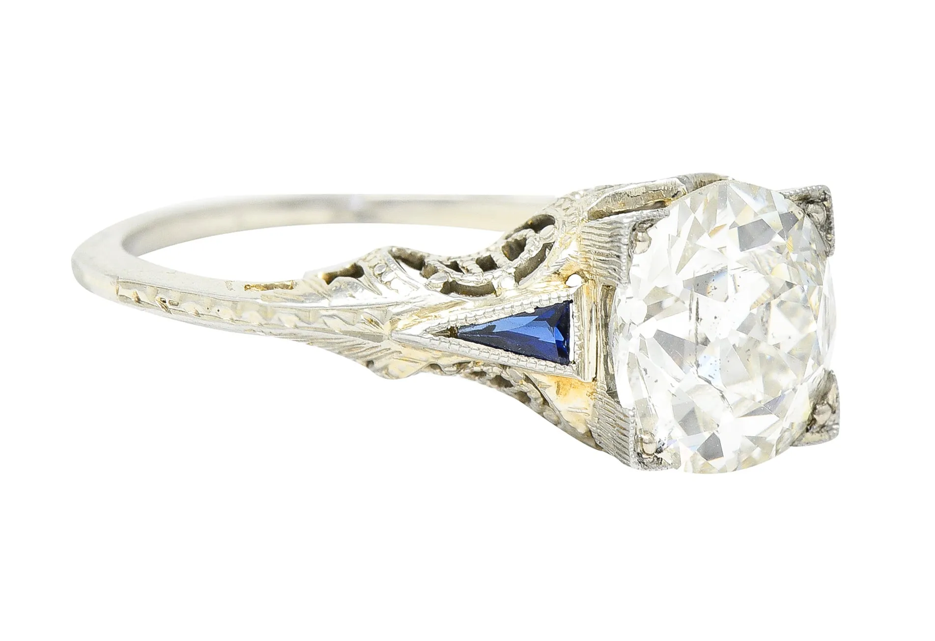 Art Deco 1.76 CTW Old European Cut Diamond Sapphire 18 Karat White Gold Filigree Engagement Ring