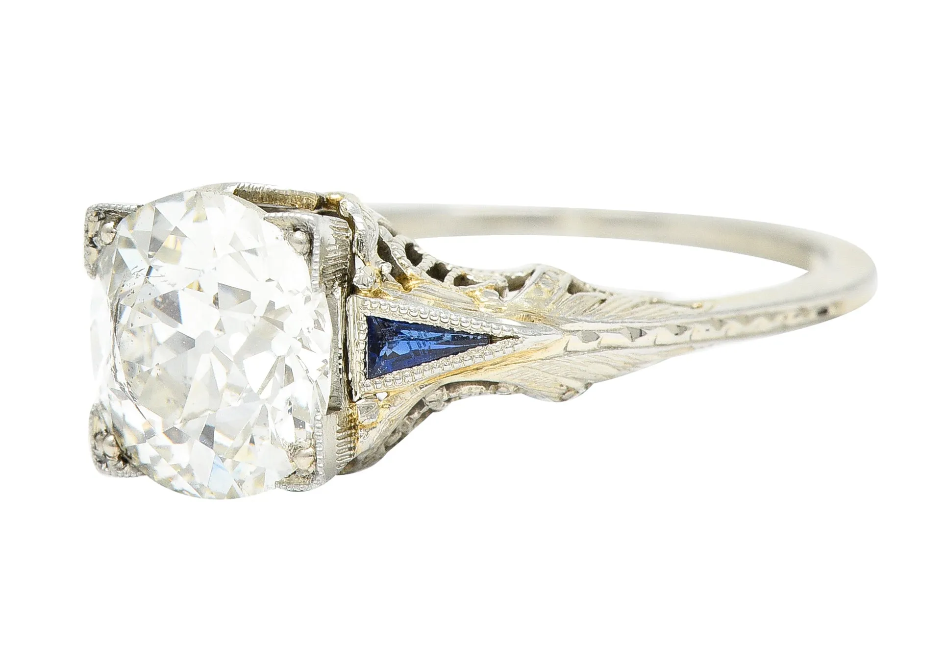 Art Deco 1.76 CTW Old European Cut Diamond Sapphire 18 Karat White Gold Filigree Engagement Ring