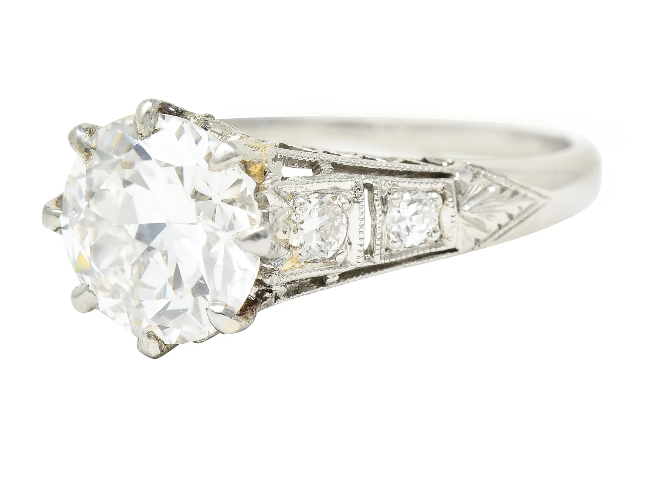 Art Deco 2.46 CTW Old European Cut Diamond Platinum Lotus Vintage Engagement Ring GIA