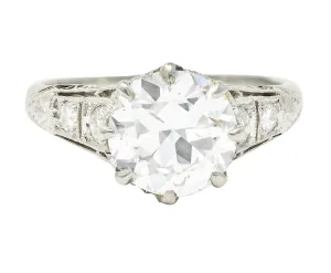 Art Deco 2.46 CTW Old European Cut Diamond Platinum Lotus Vintage Engagement Ring GIA