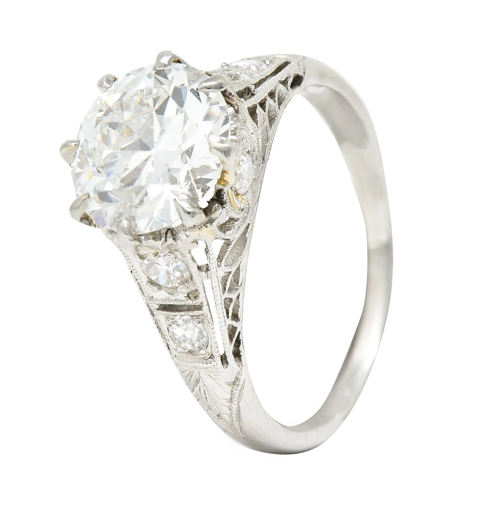 Art Deco 2.46 CTW Old European Cut Diamond Platinum Lotus Vintage Engagement Ring GIA