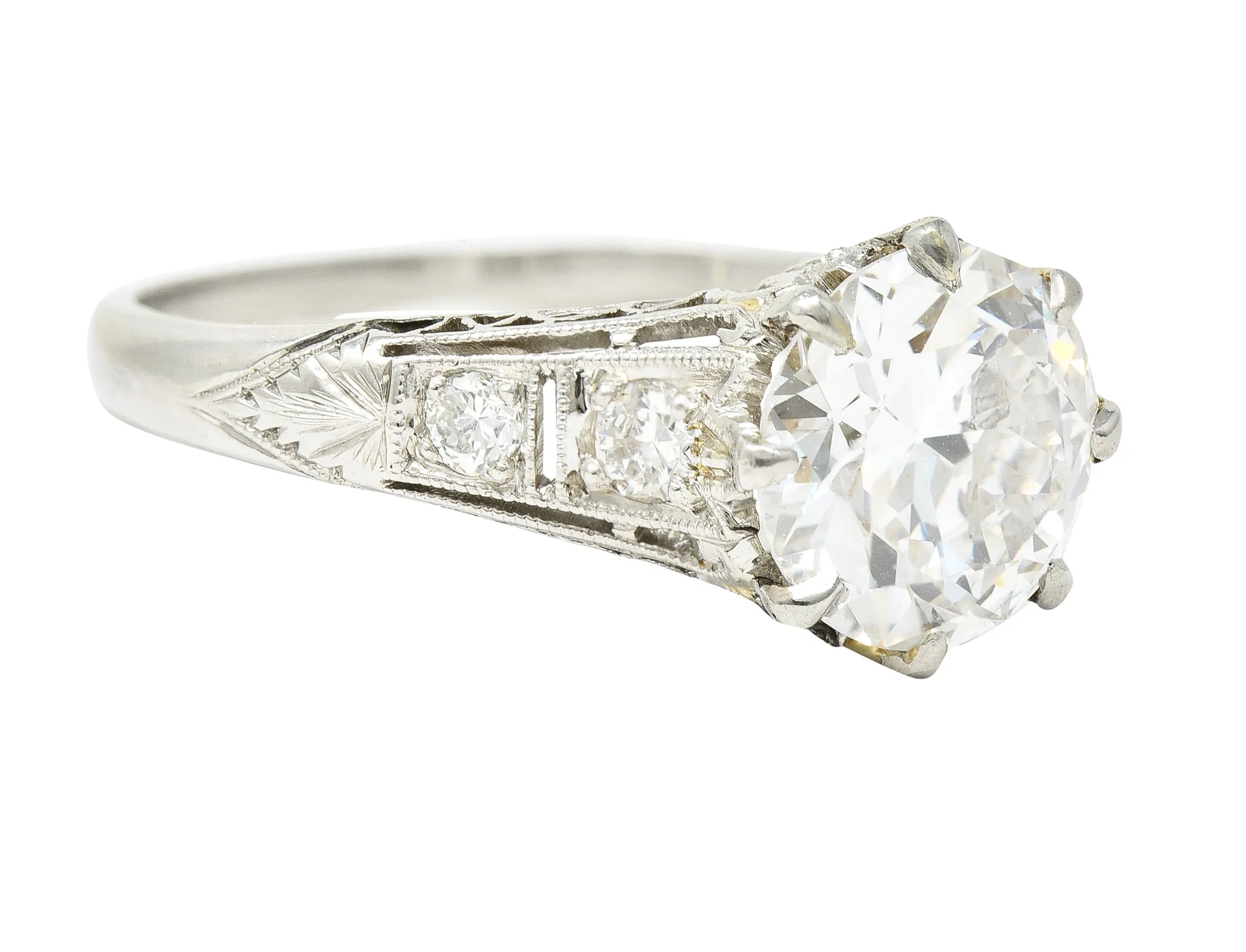 Art Deco 2.46 CTW Old European Cut Diamond Platinum Lotus Vintage Engagement Ring GIA