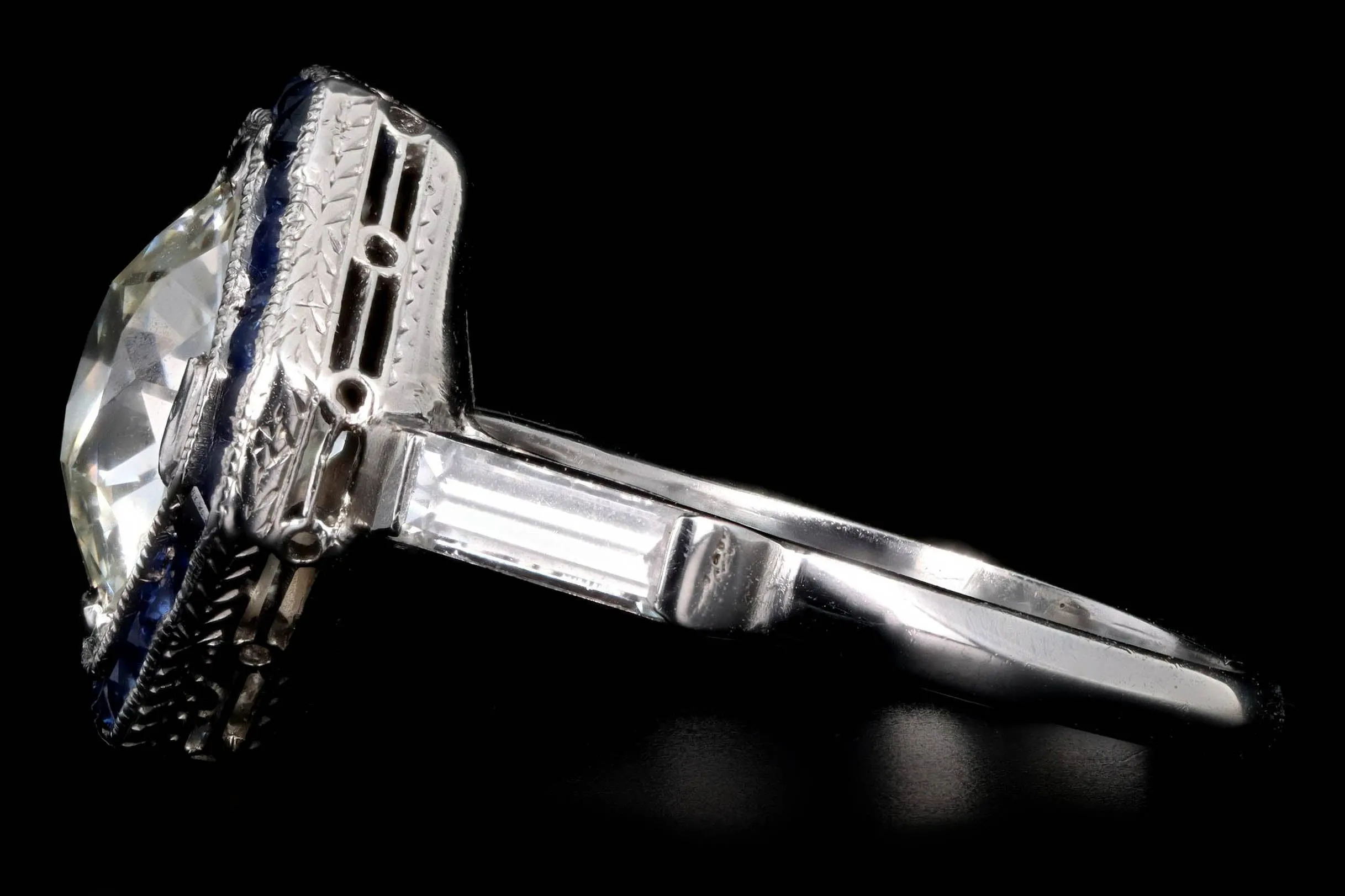 Art Deco 2.75 Carat Old European Diamond & Synthetic Sapphire Geometric Halo Engagement Ring GIA Certified