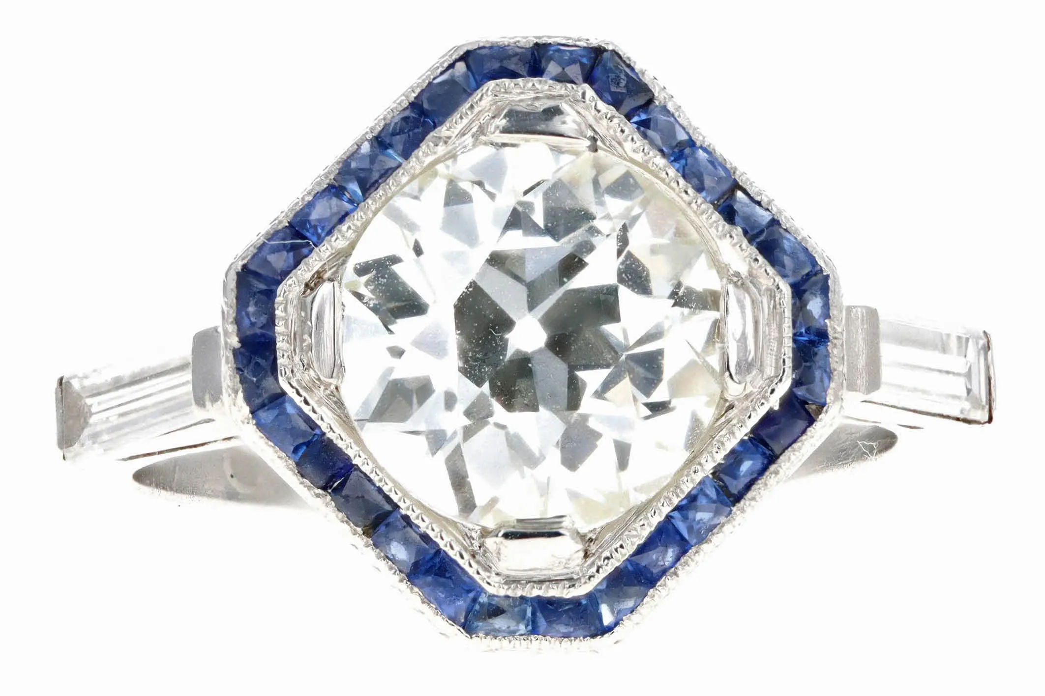 Art Deco 2.75 Carat Old European Diamond & Synthetic Sapphire Geometric Halo Engagement Ring GIA Certified