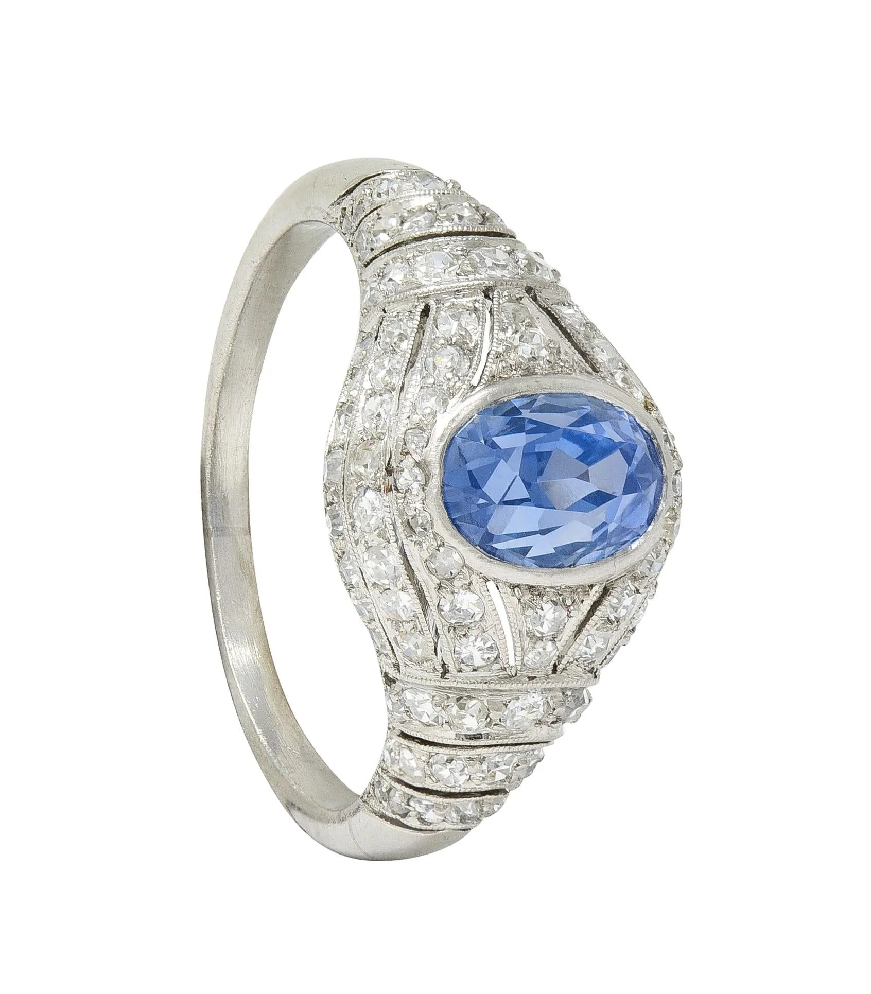 Art Deco 3.00 CTW No Heat Ceylon Blue Sapphire Diamond Platinum Bombé Vintage Ring GIA