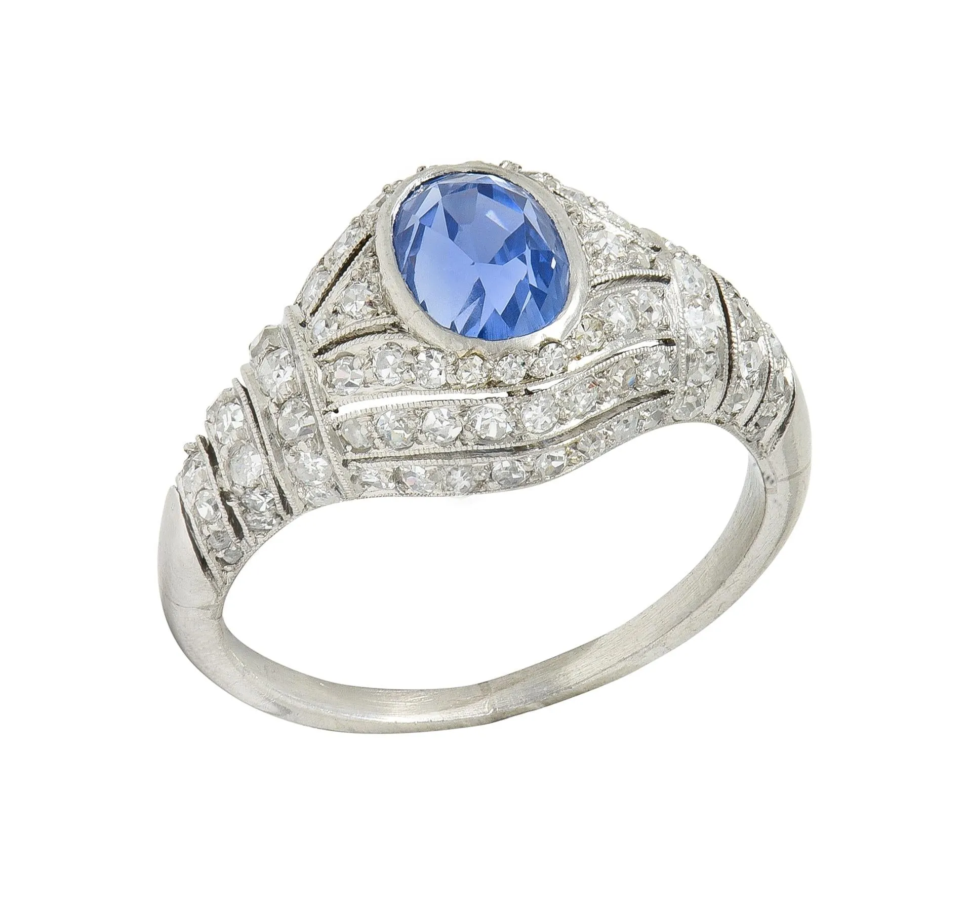 Art Deco 3.00 CTW No Heat Ceylon Blue Sapphire Diamond Platinum Bombé Vintage Ring GIA