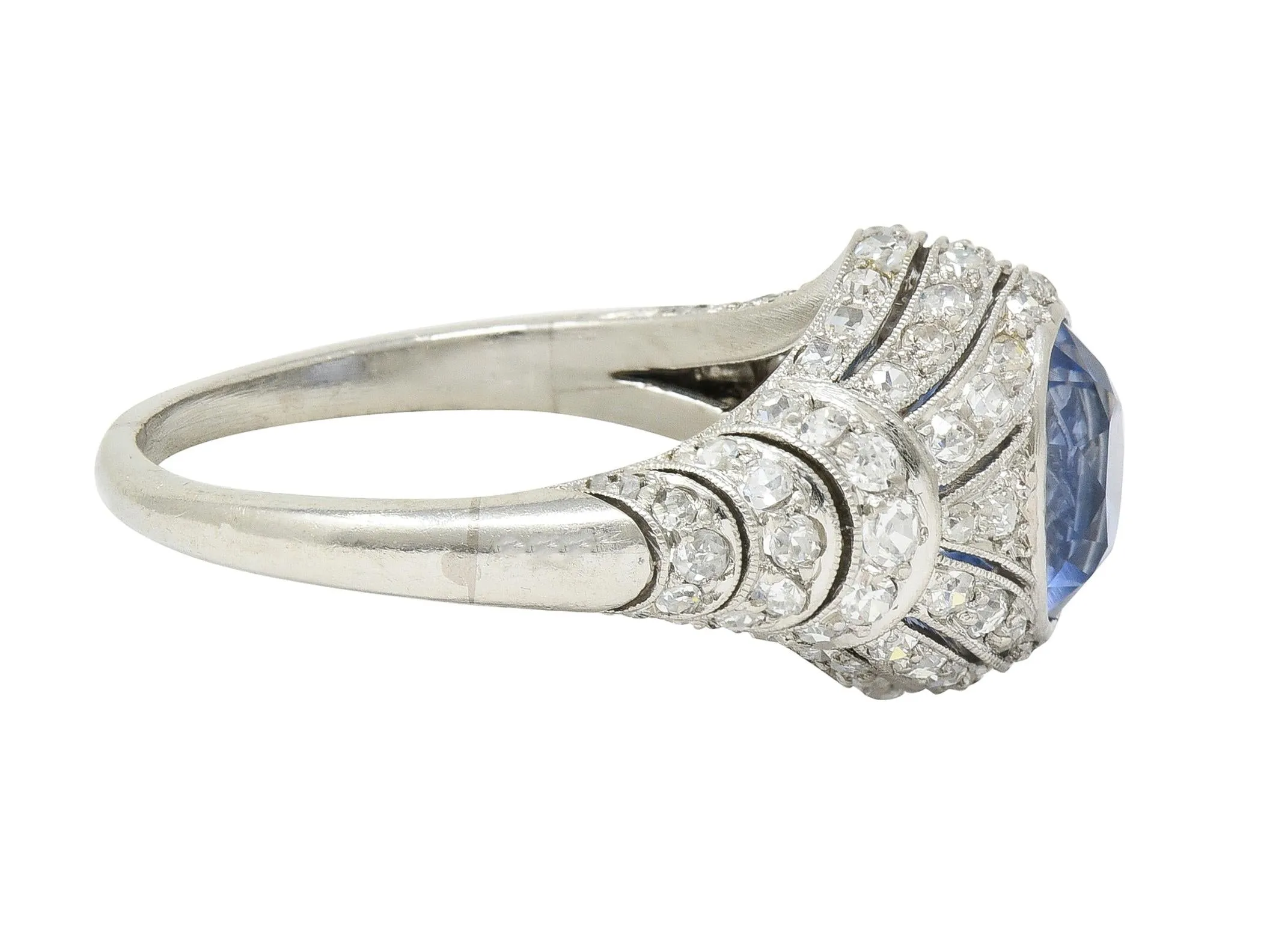 Art Deco 3.00 CTW No Heat Ceylon Blue Sapphire Diamond Platinum Bombé Vintage Ring GIA