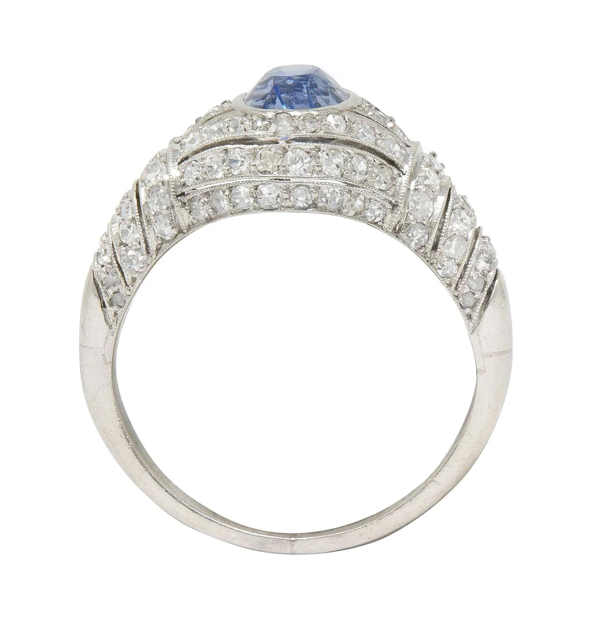Art Deco 3.00 CTW No Heat Ceylon Blue Sapphire Diamond Platinum Bombé Vintage Ring GIA