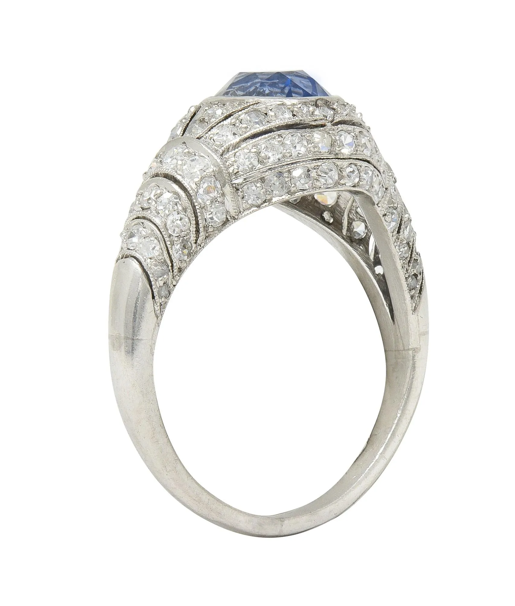Art Deco 3.00 CTW No Heat Ceylon Blue Sapphire Diamond Platinum Bombé Vintage Ring GIA