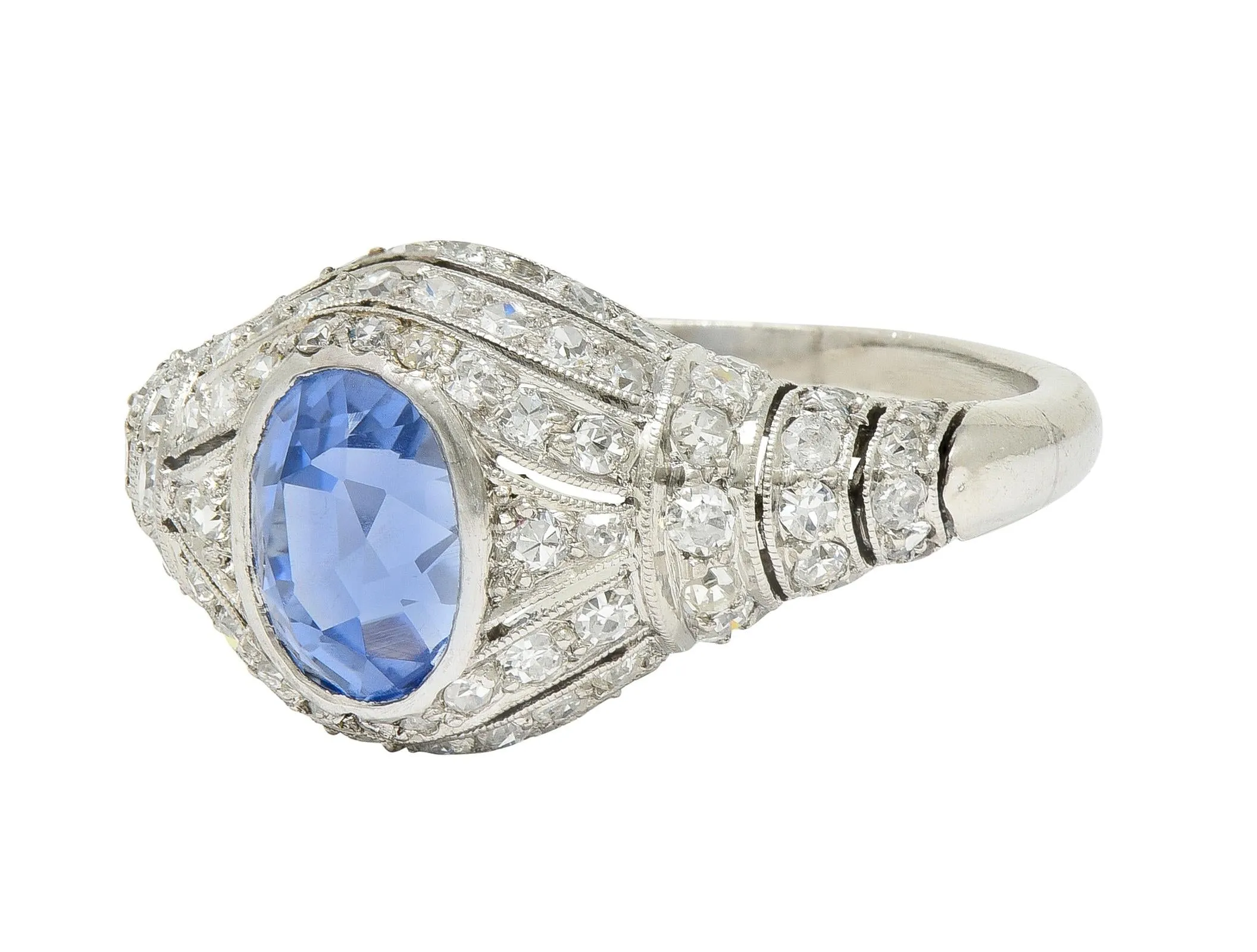 Art Deco 3.00 CTW No Heat Ceylon Blue Sapphire Diamond Platinum Bombé Vintage Ring GIA