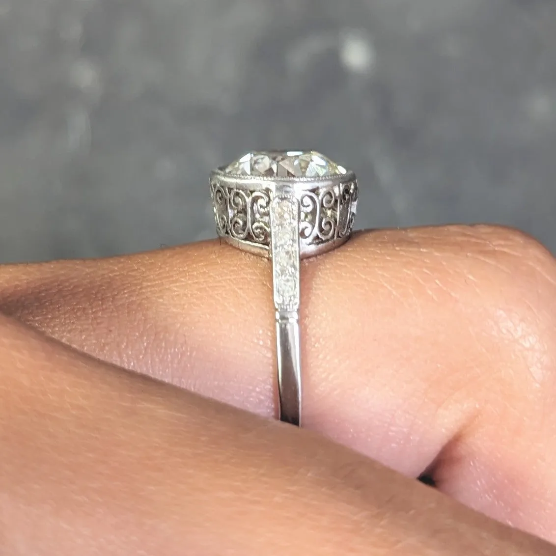 Art Deco 3.22 CTW Old Eurpean Cut Diamond Platinum Scroll Bezel Vintage Engagement Ring GIA