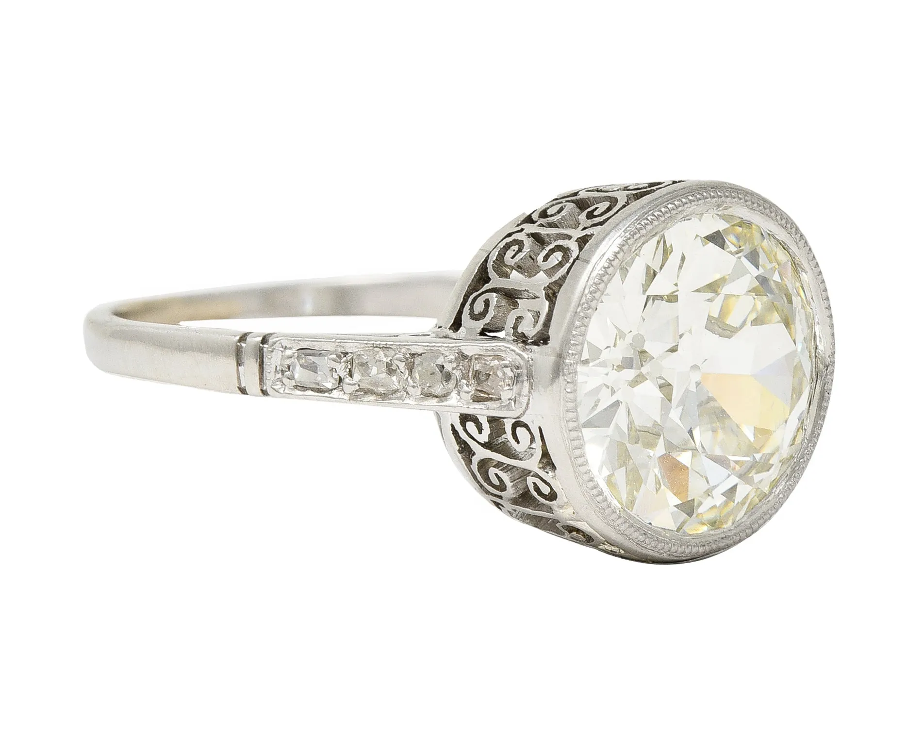 Art Deco 3.22 CTW Old Eurpean Cut Diamond Platinum Scroll Bezel Vintage Engagement Ring GIA
