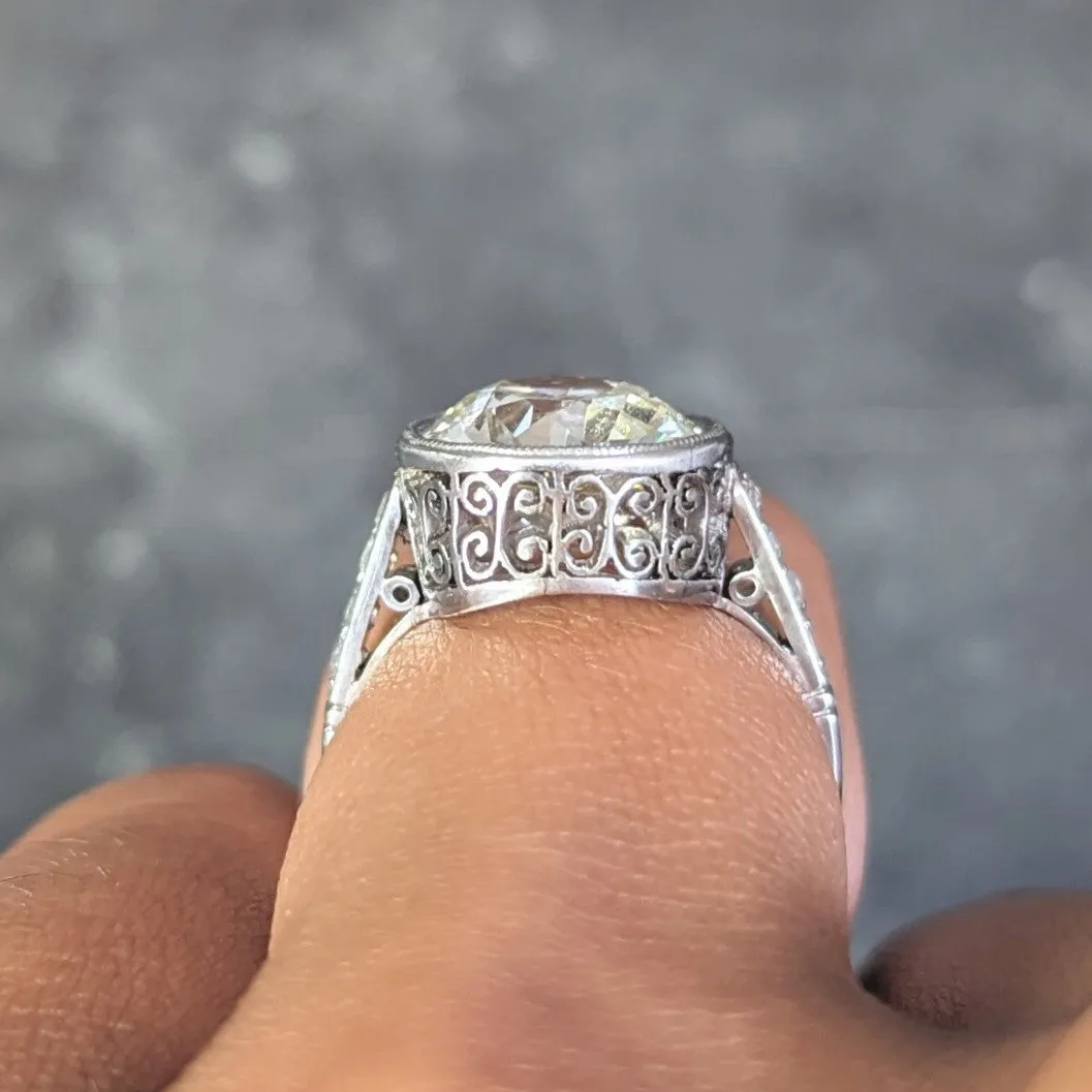 Art Deco 3.22 CTW Old Eurpean Cut Diamond Platinum Scroll Bezel Vintage Engagement Ring GIA